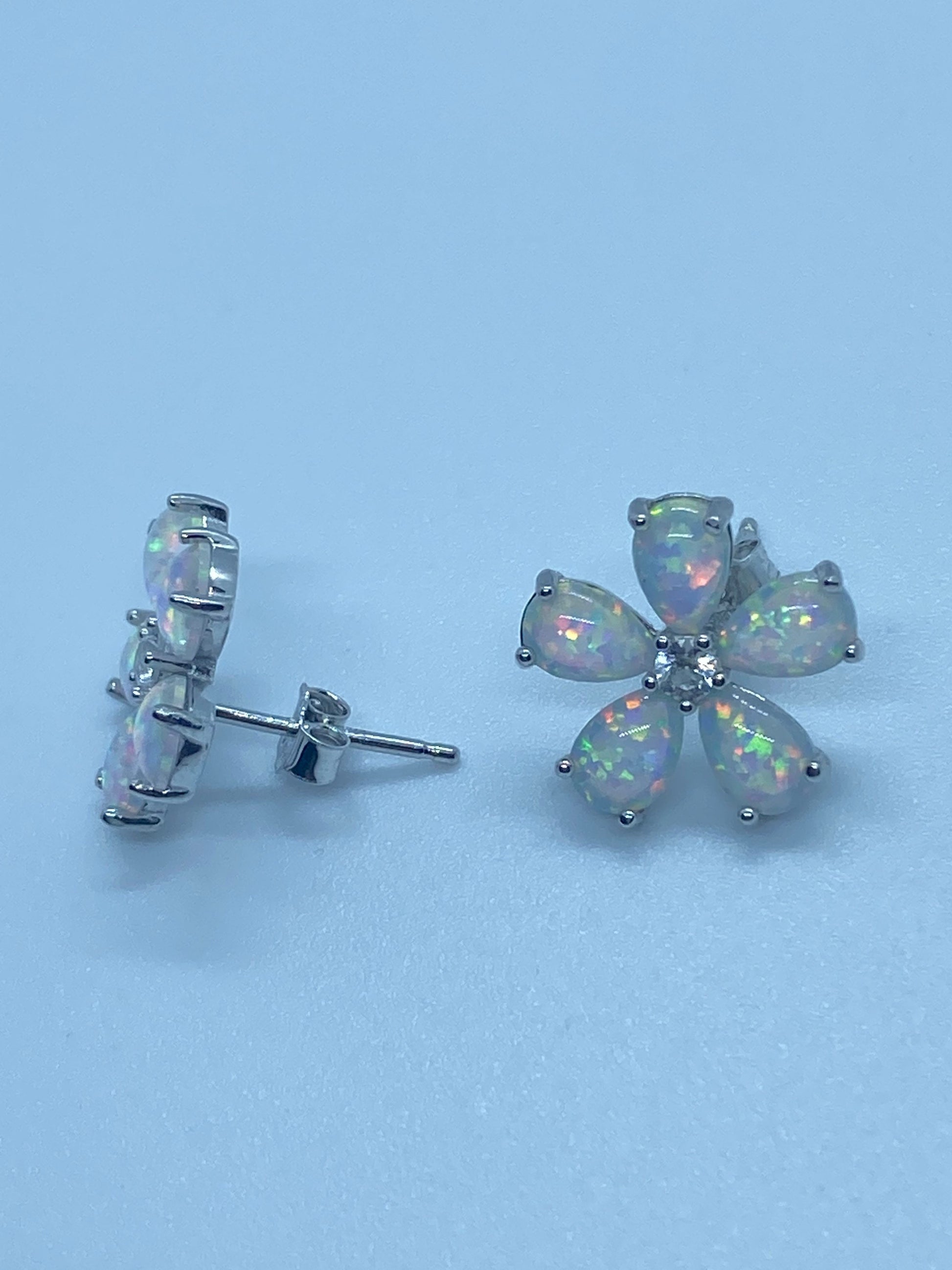 Vintage White Opal Flower Earrings 925 Sterling Silver Stud Button