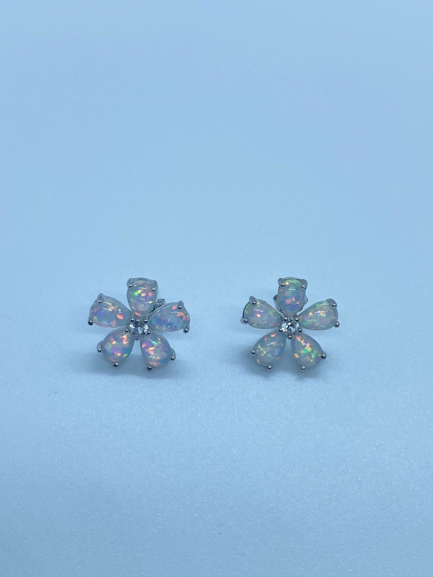 Vintage White Opal Flower Earrings 925 Sterling Silver Stud Button