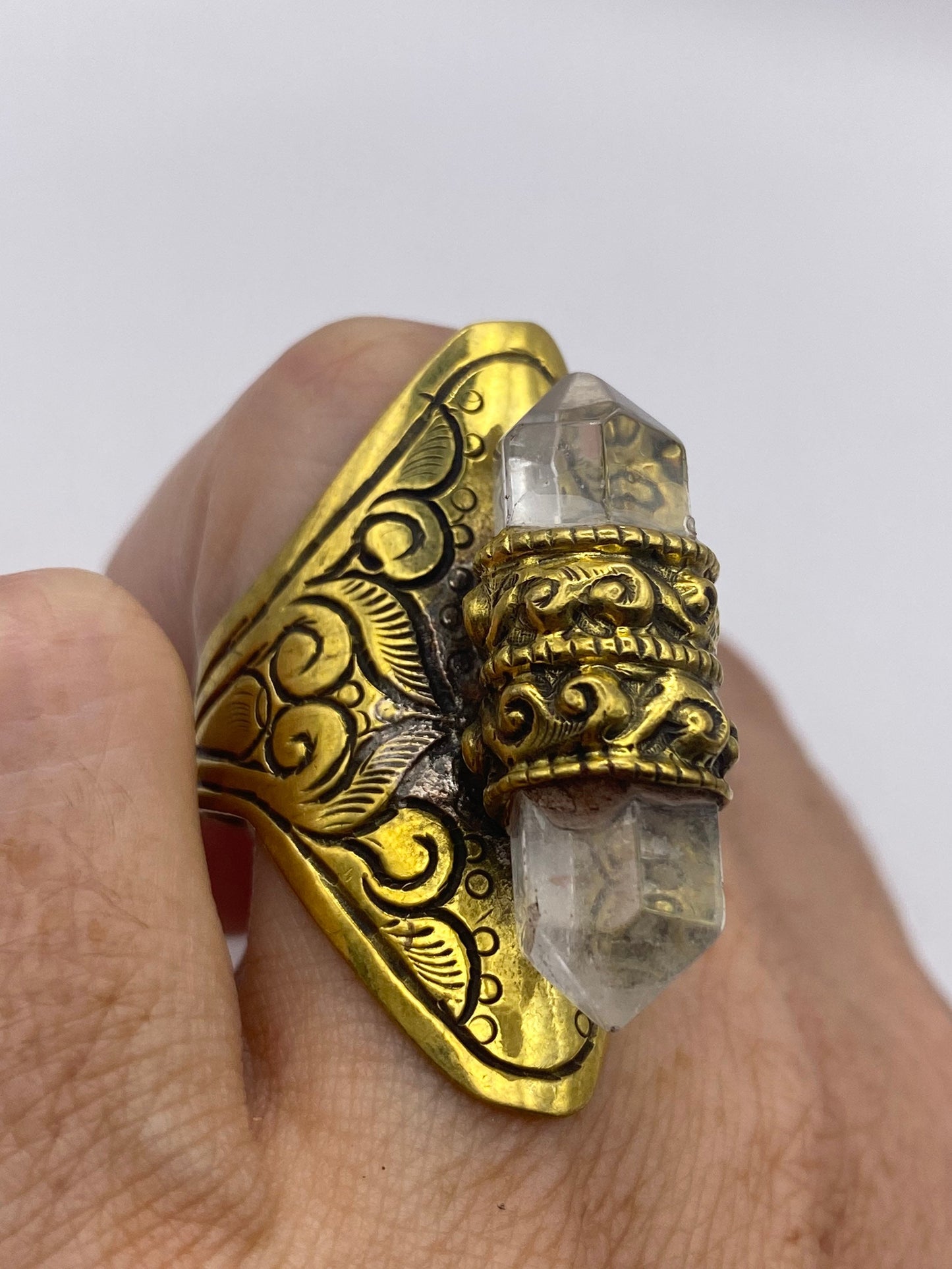 Vintage Quartz Crystal Golden Bronze Ring