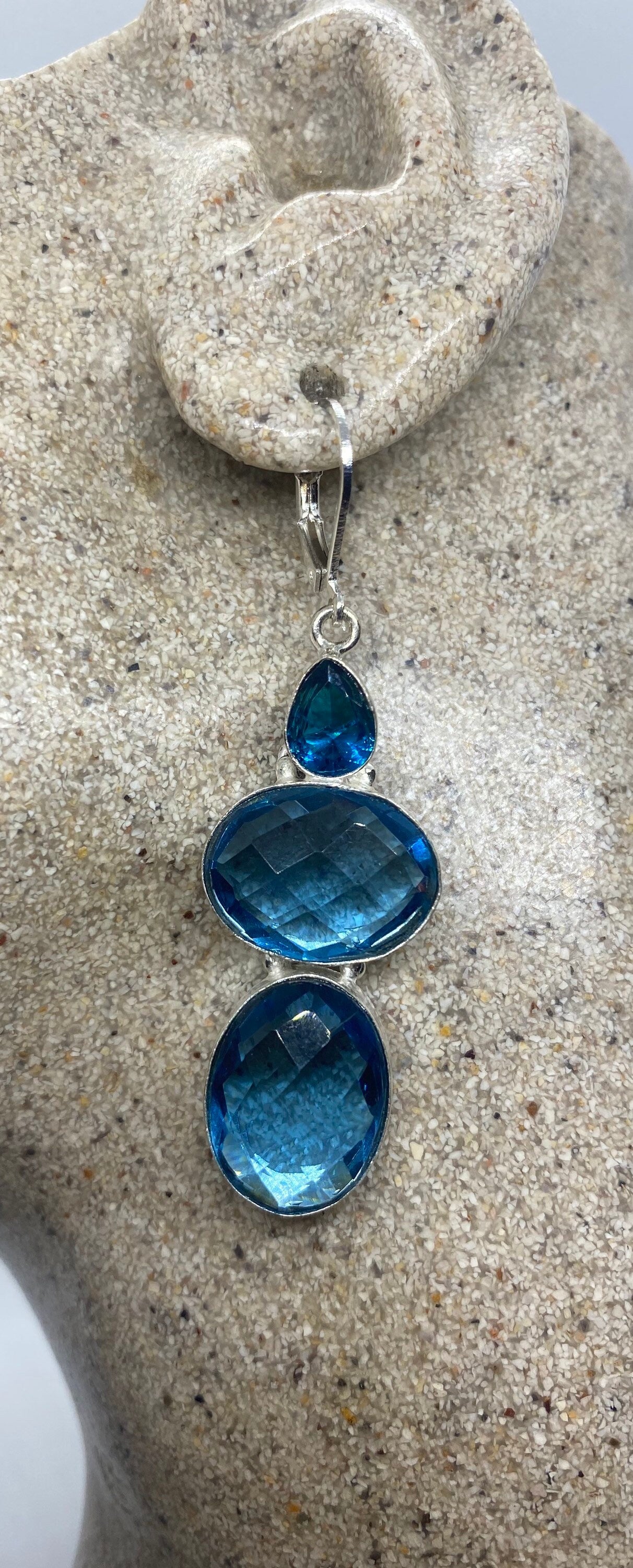 Antique Vintage Blue Topaz and Volcanic Glass Silver Dangle Earrings