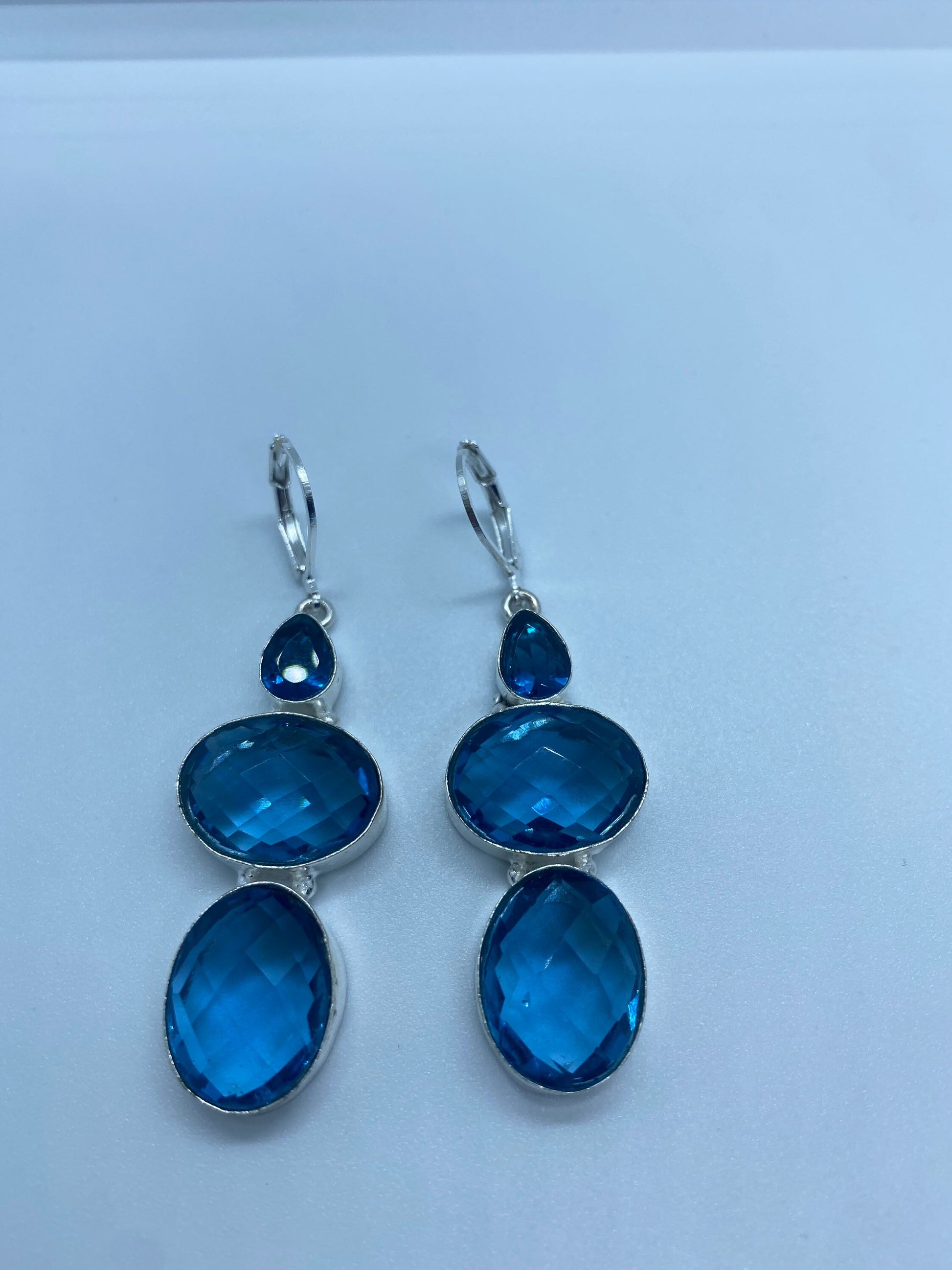 Antique Vintage Blue Topaz and Volcanic Glass Silver Dangle Earrings