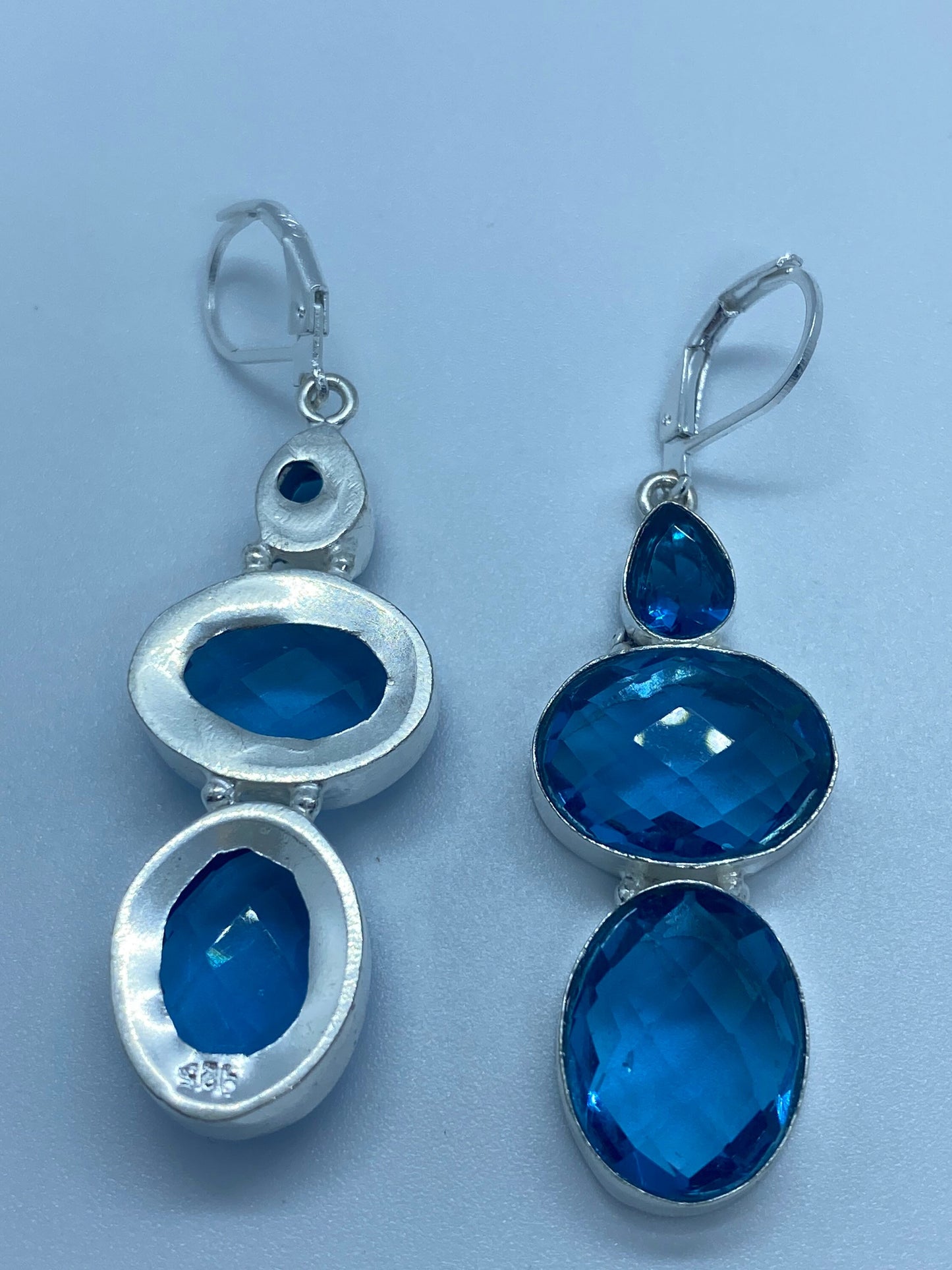 Antique Vintage Blue Topaz and Volcanic Glass Silver Dangle Earrings