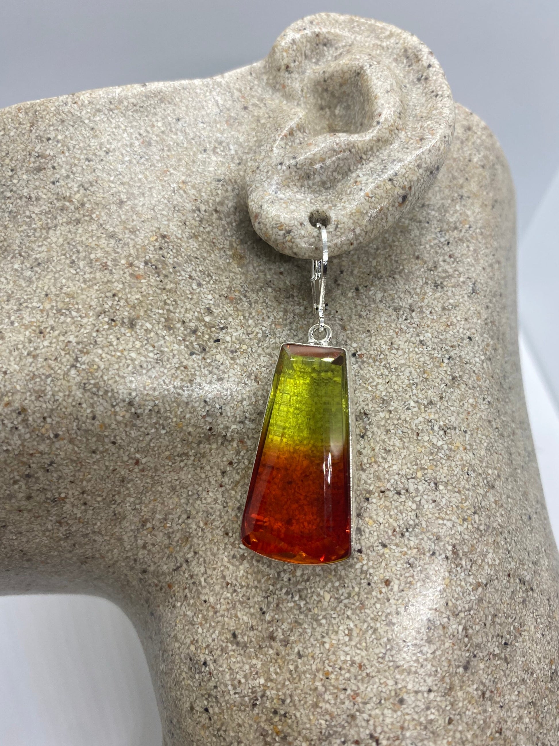 Antique Vintage Red Yellow Volcanic Glass Silver Dangle Earrings