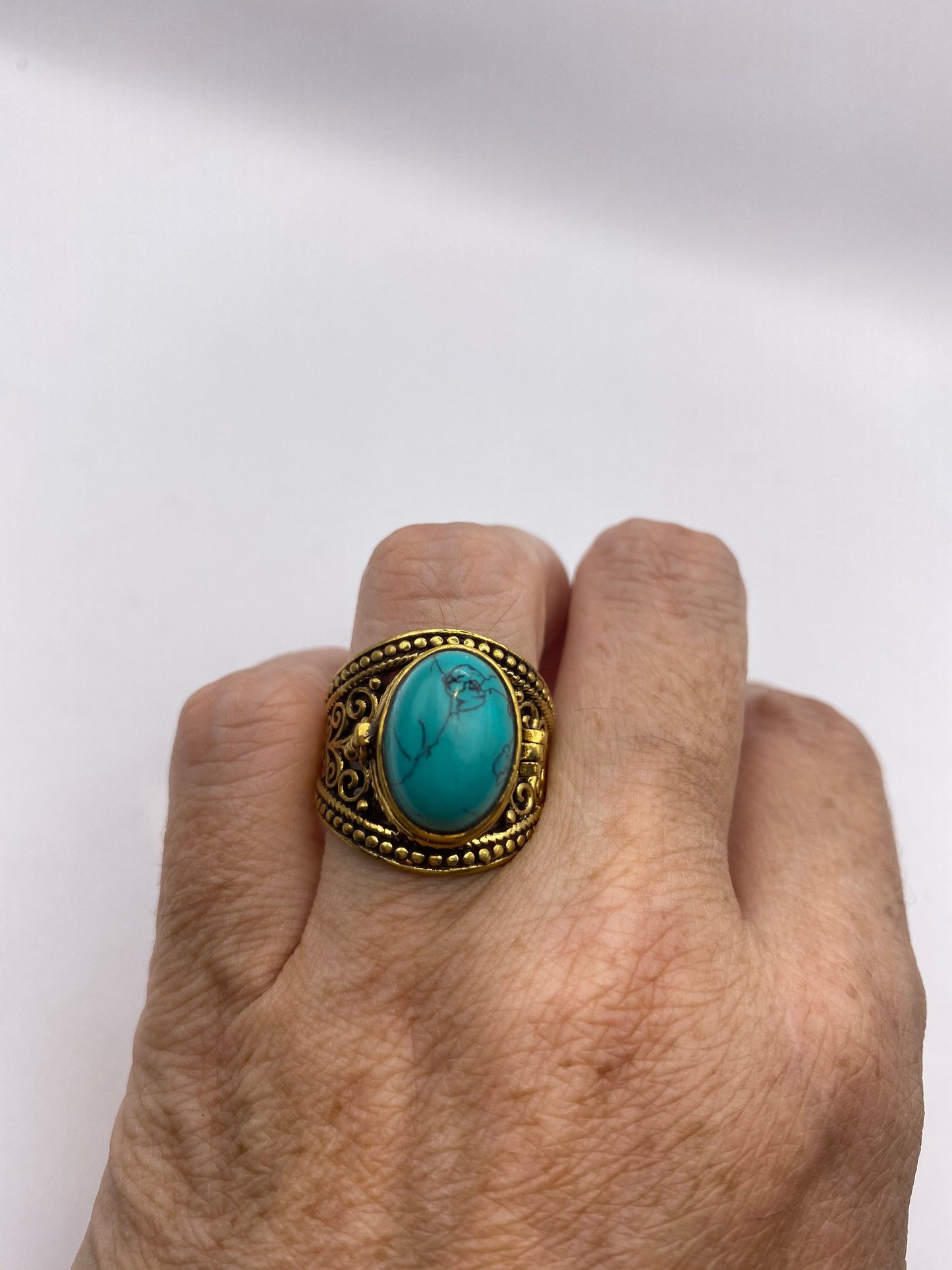 Vintage Turquoise Brass Poison Pillbox Ring