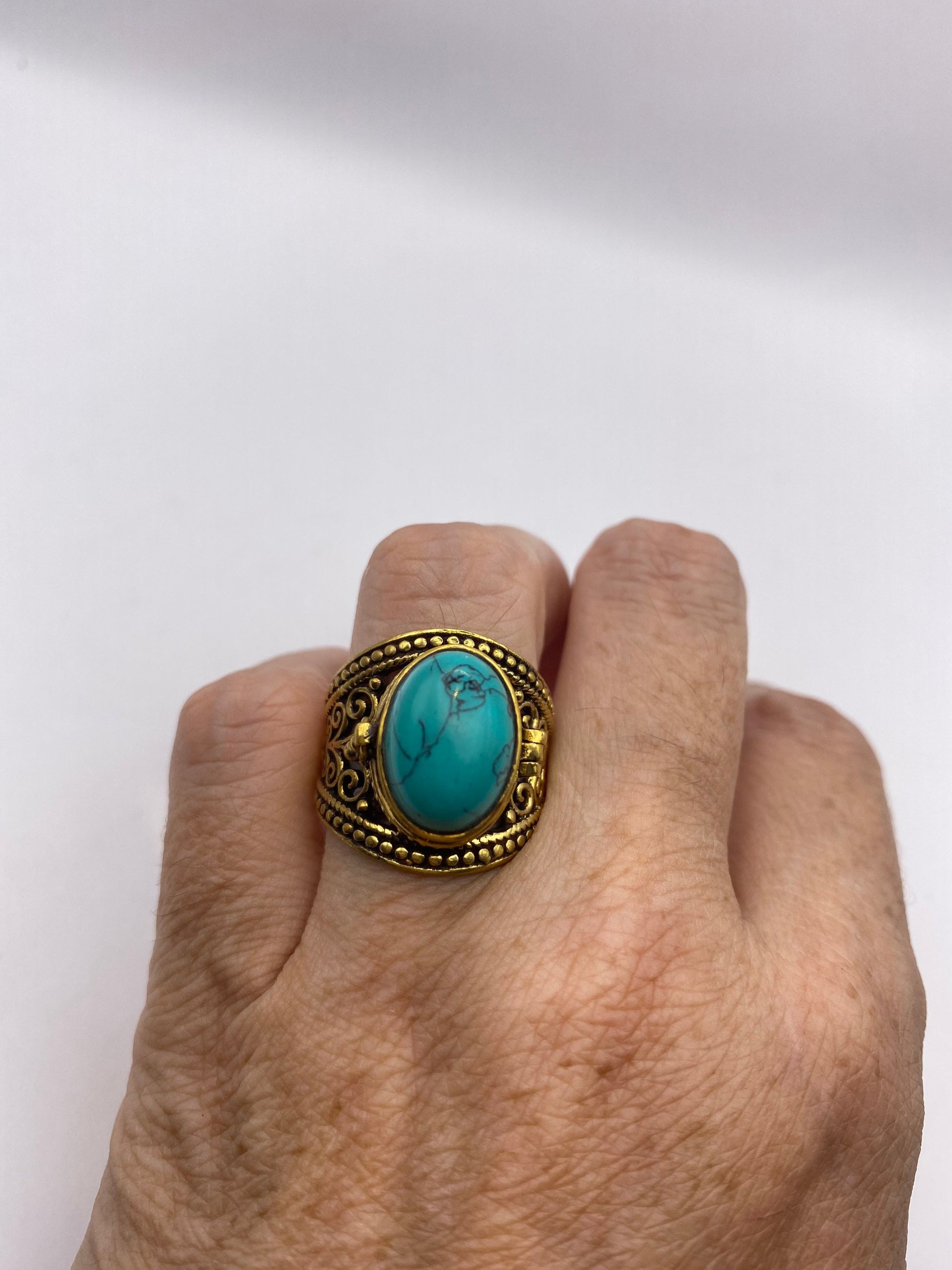 Vintage Turquoise Brass Poison Pillbox Ring