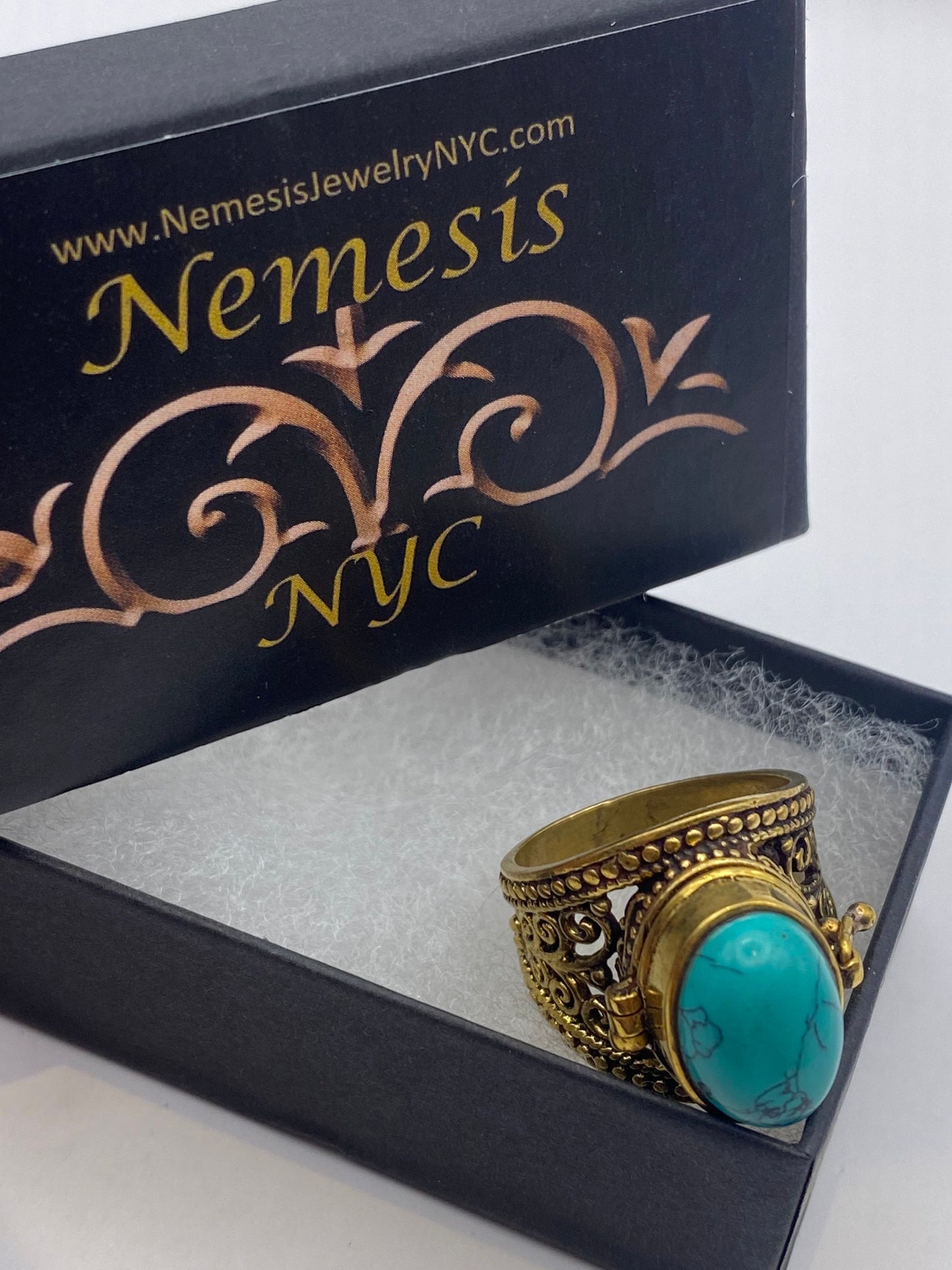 Vintage Turquoise Brass Poison Pillbox Ring