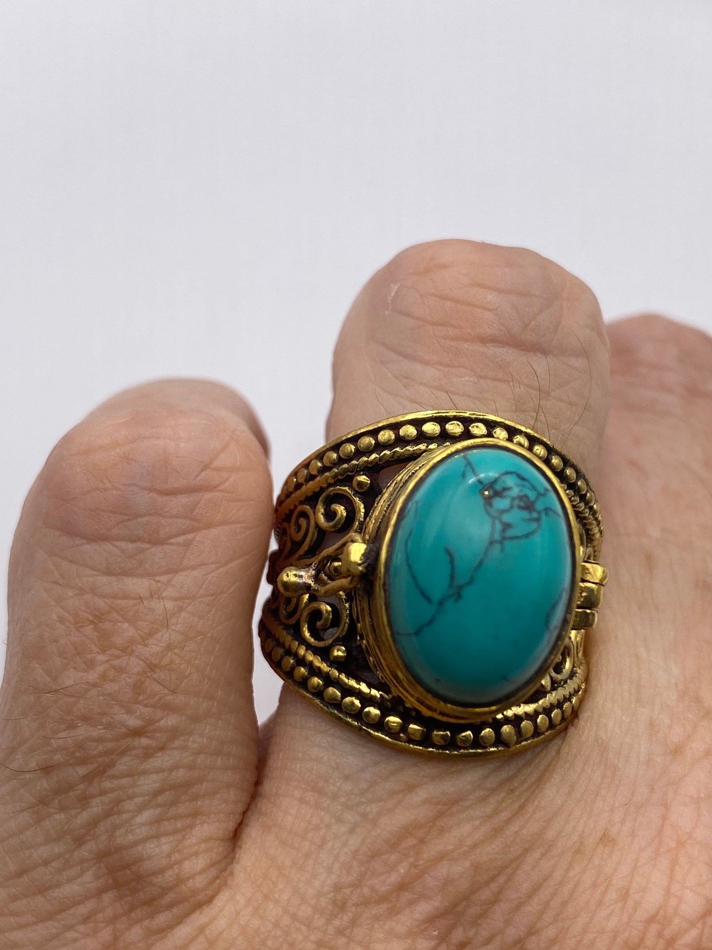 Vintage Turquoise Brass Poison Pillbox Ring