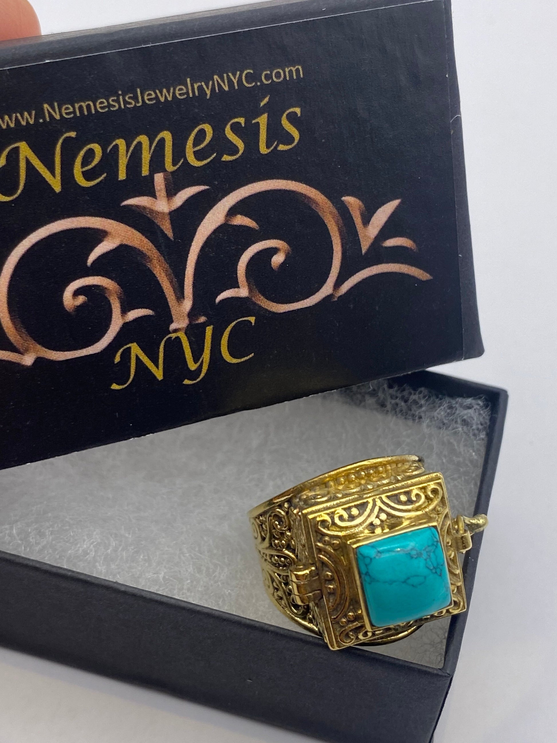 Vintage Turquoise Brass Poison Pillbox Ring