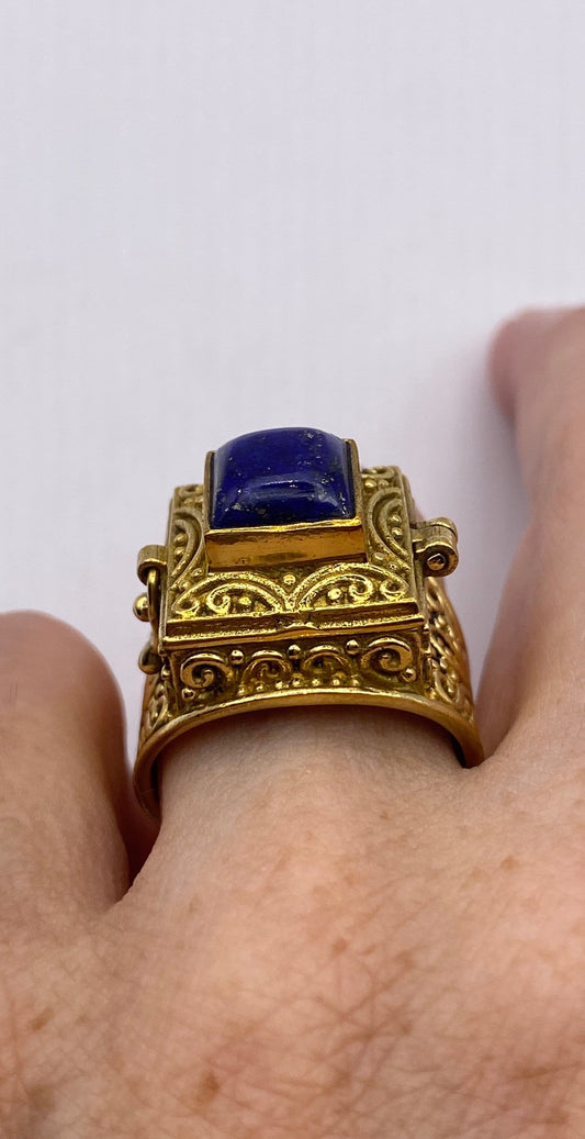 Vintage Blue Lapis Brass Poison Pillbox Ring