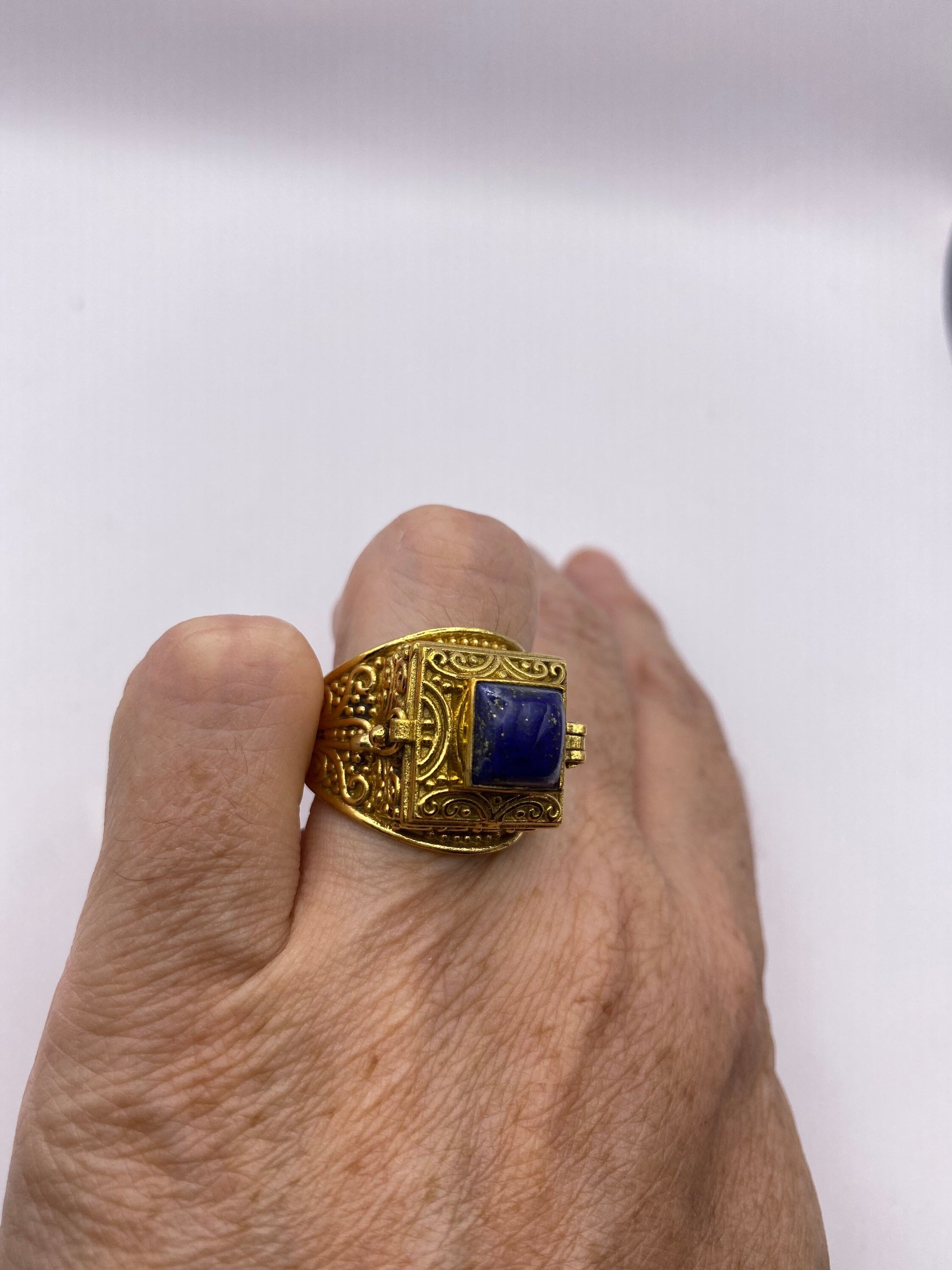 Vintage Blue Lapis Brass Poison Pillbox Ring