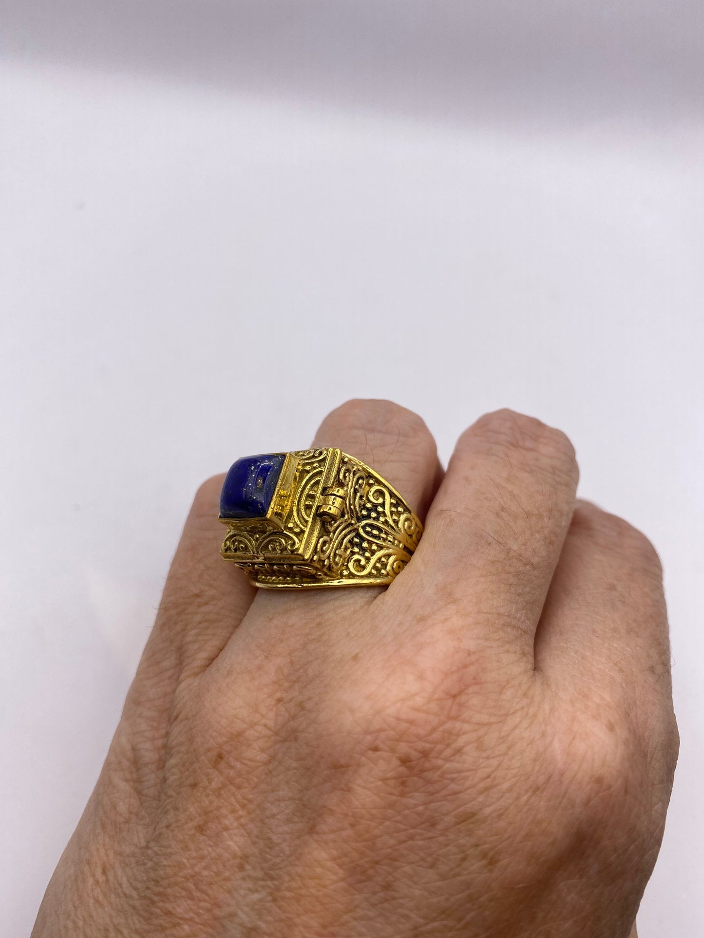 Vintage Blue Lapis Brass Poison Pillbox Ring