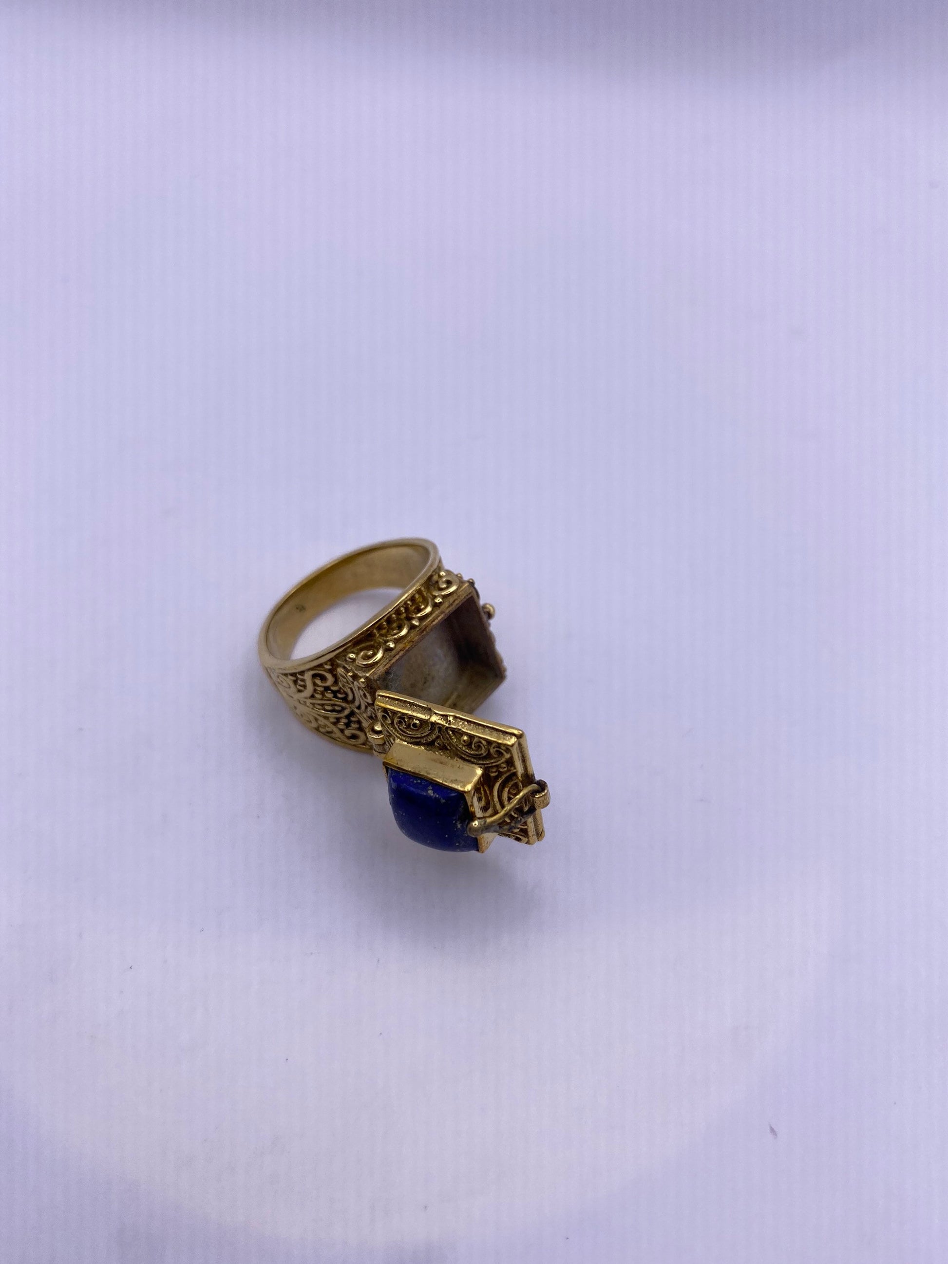 Vintage Blue Lapis Brass Poison Pillbox Ring