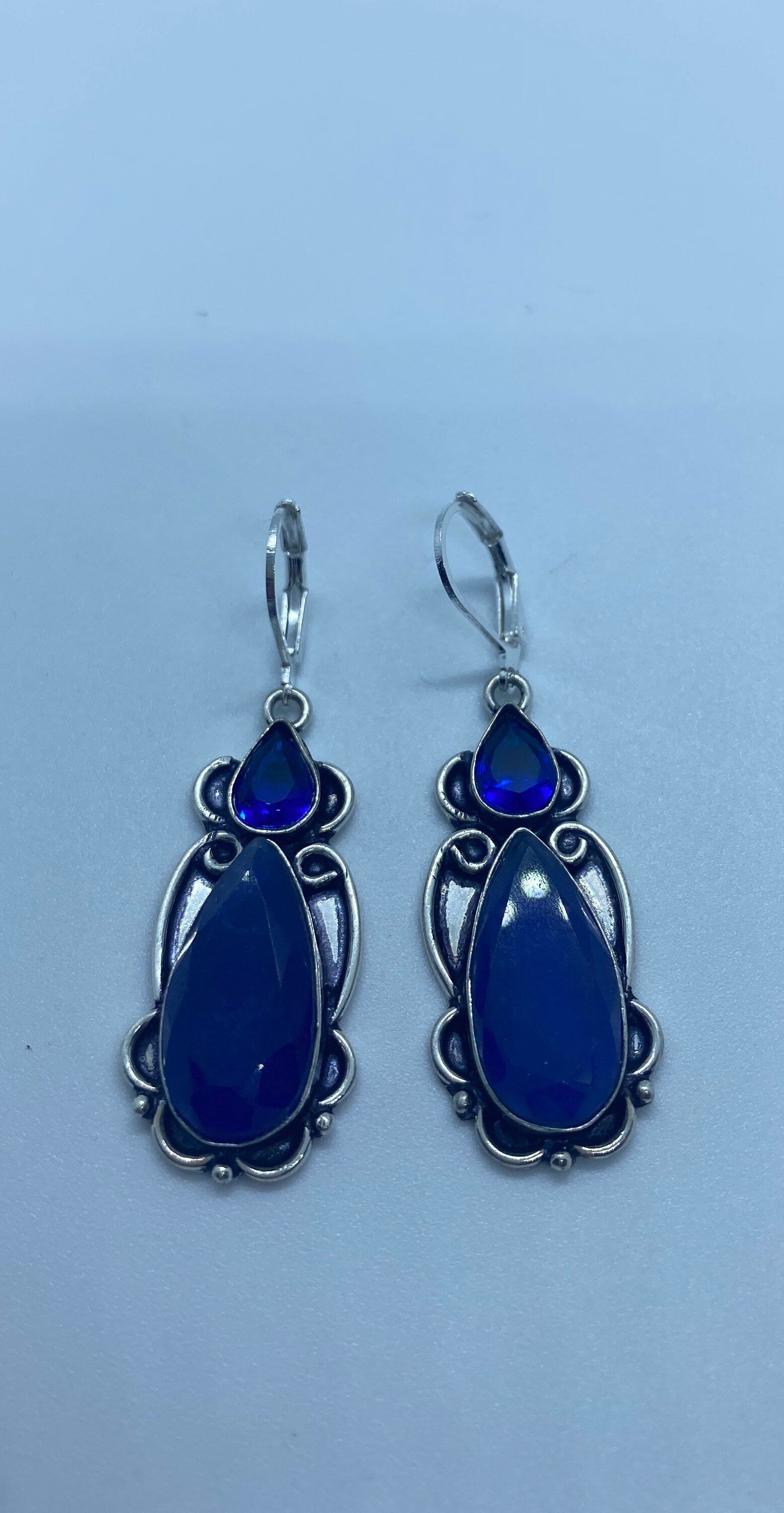 Vintage Colbolt Blue Glass and Raw Sapphire Earrings 925 Sterling Silver Lever-back