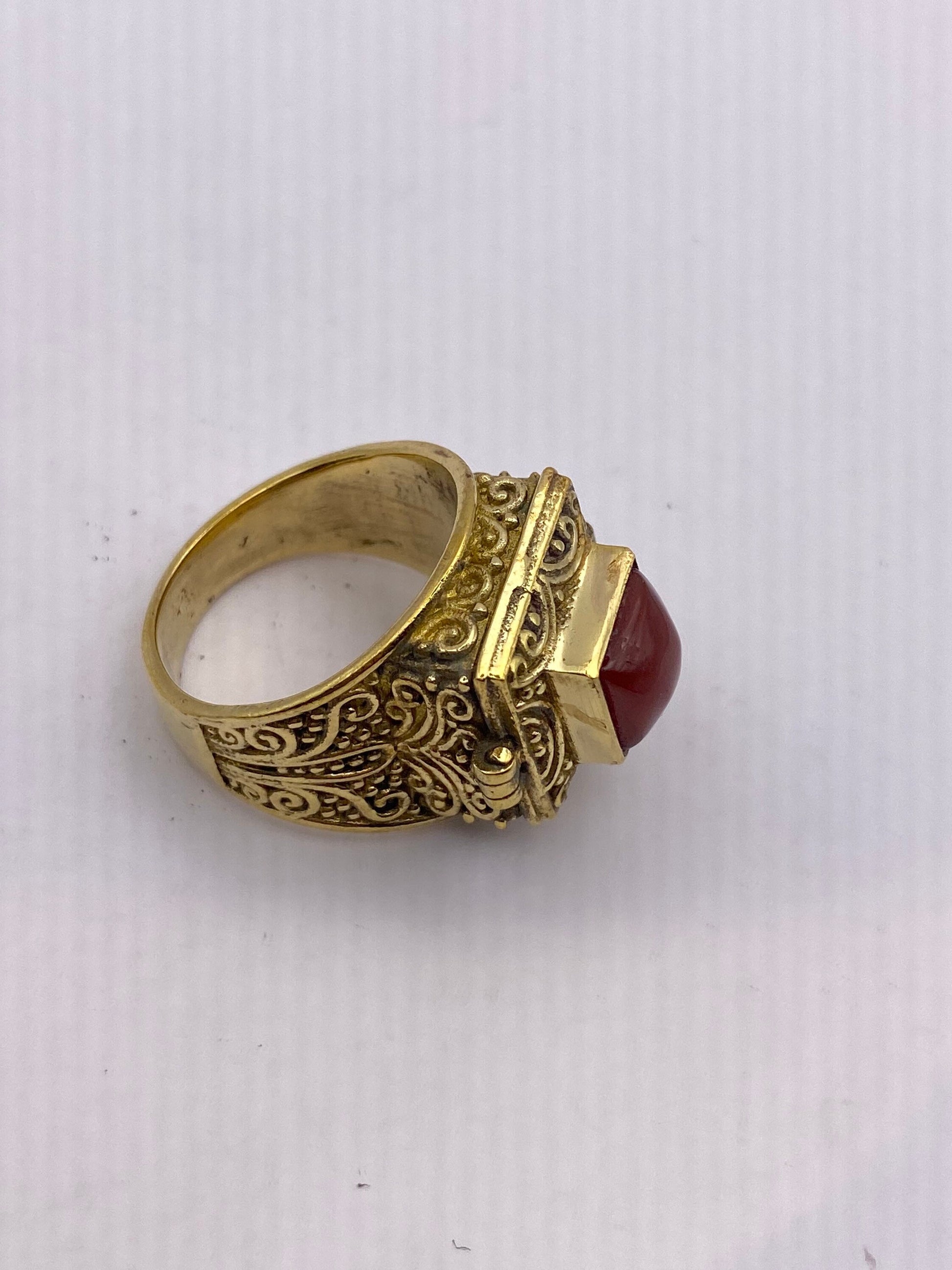 Vintage Red Carnelian Brass Poison Pillbox Ring