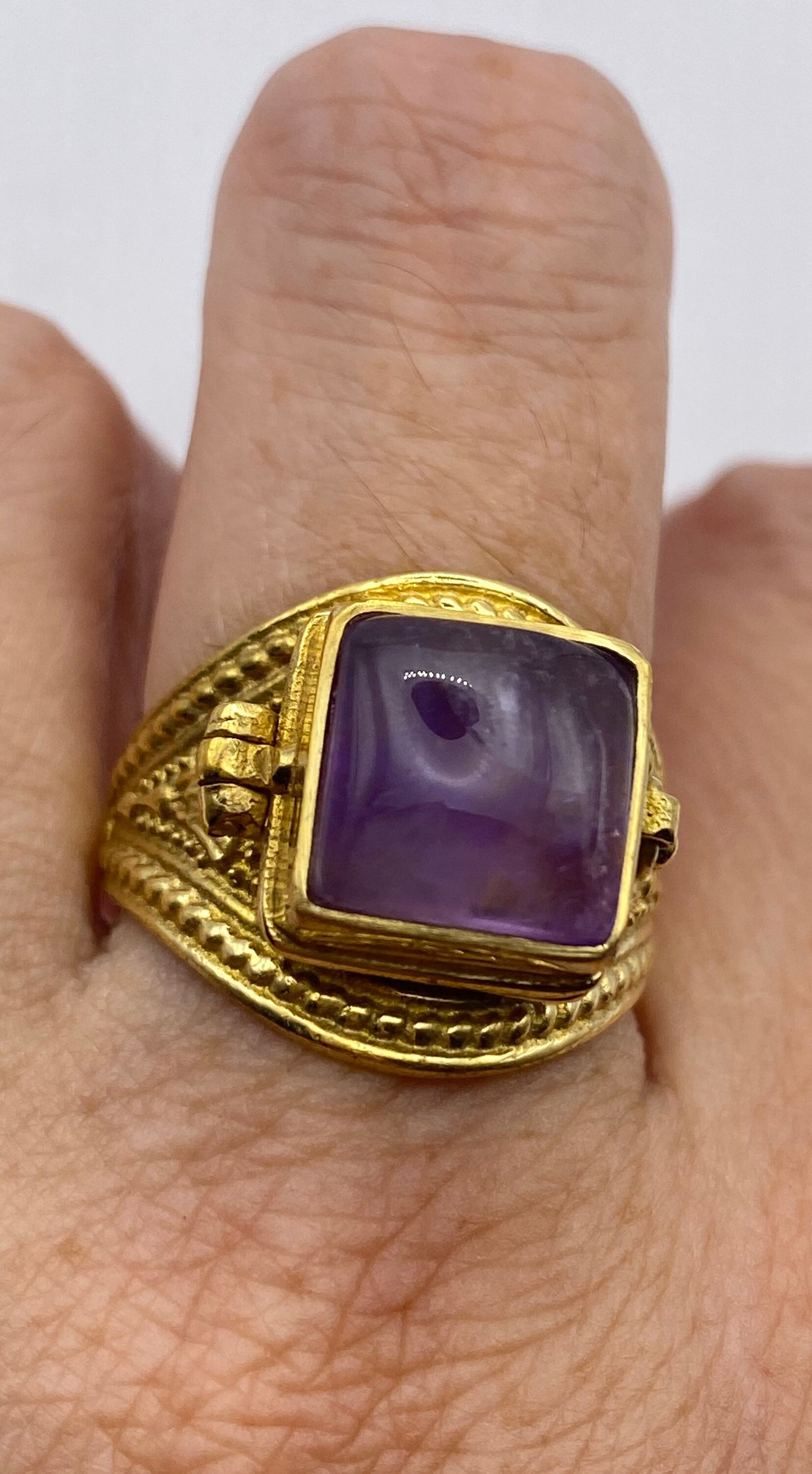 Vintage Purple Amethyst Brass Poison Pillbox Ring