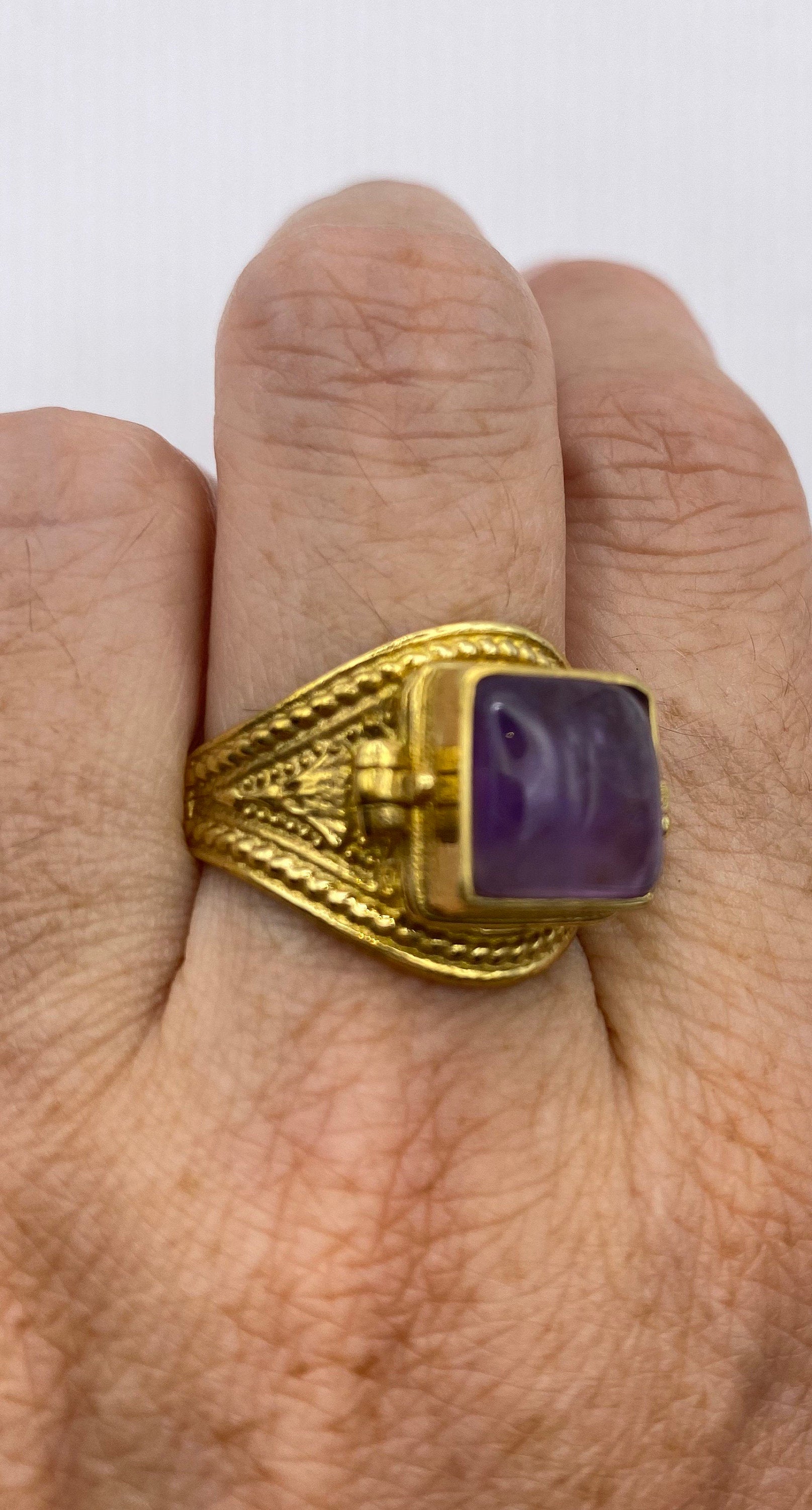 Vintage Purple Amethyst Brass Poison Pillbox Ring