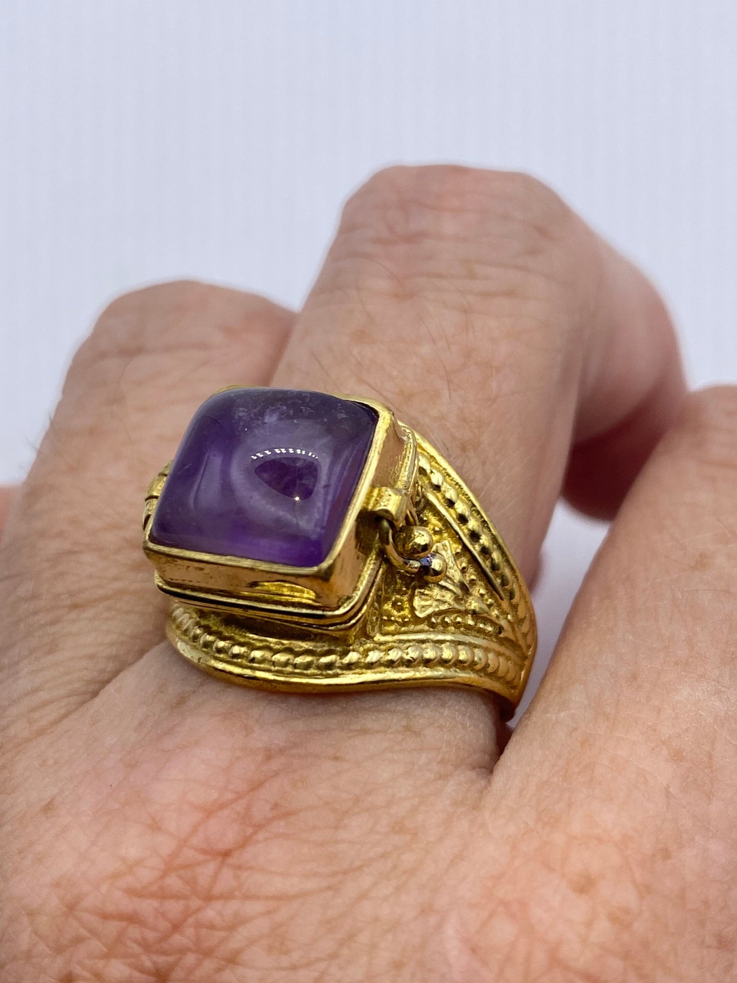 Vintage Purple Amethyst Brass Poison Pillbox Ring