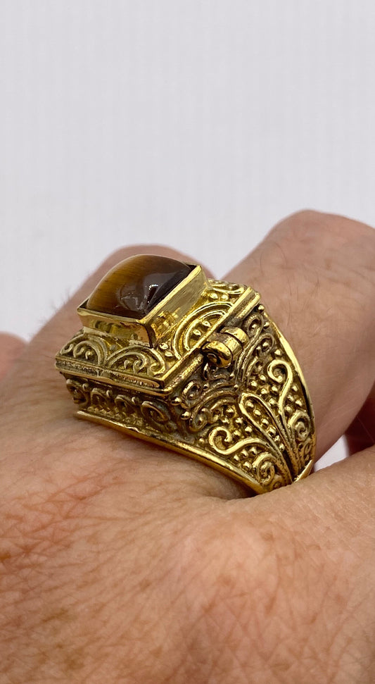 Vintage Tigers Eye Brass Poison Pillbox Ring