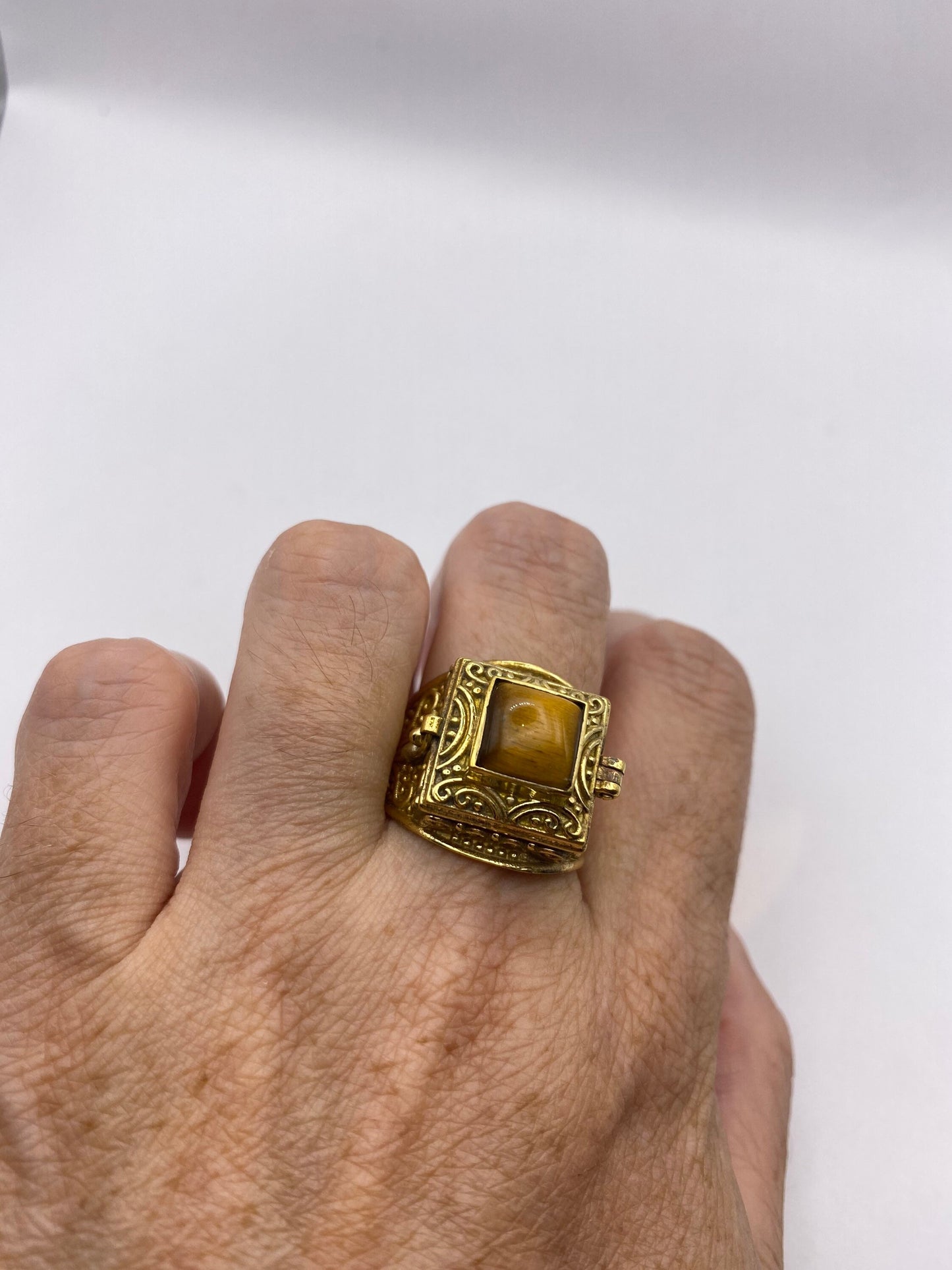 Vintage Tigers Eye Brass Poison Pillbox Ring