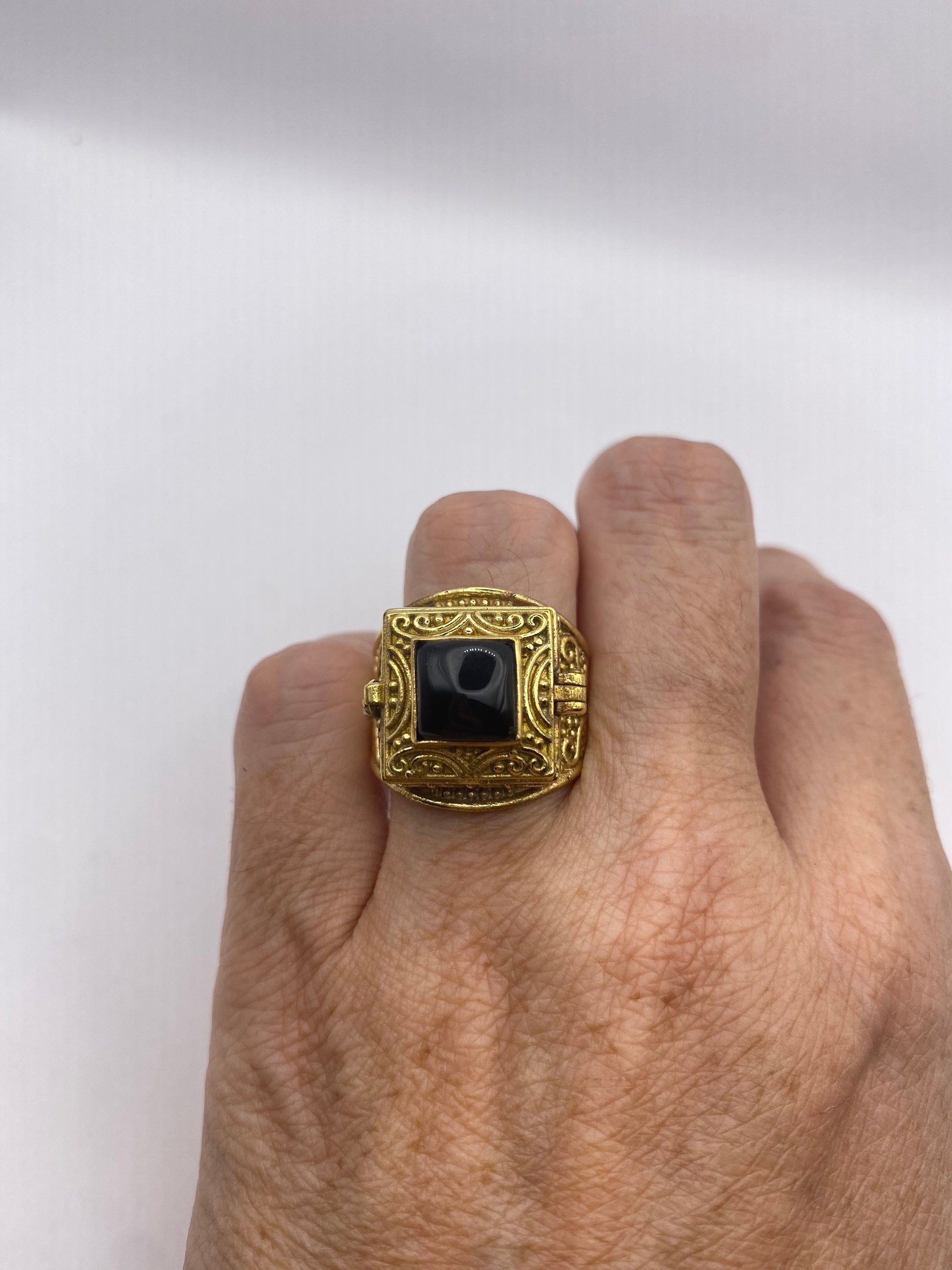 Vintage Black Onyx Brass Poison Pillbox Ring