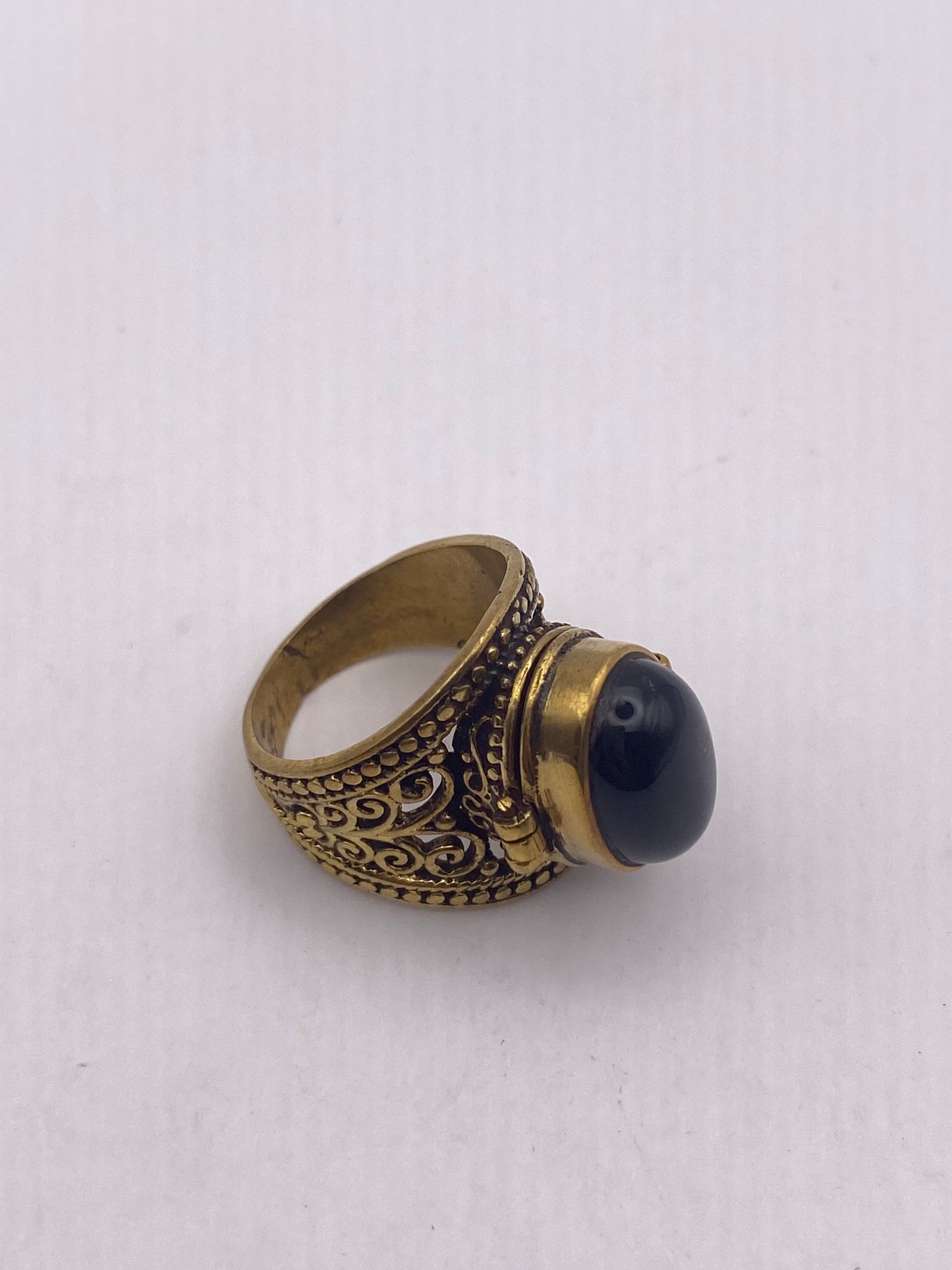 Vintage Black Onyx Brass Poison Pillbox Ring