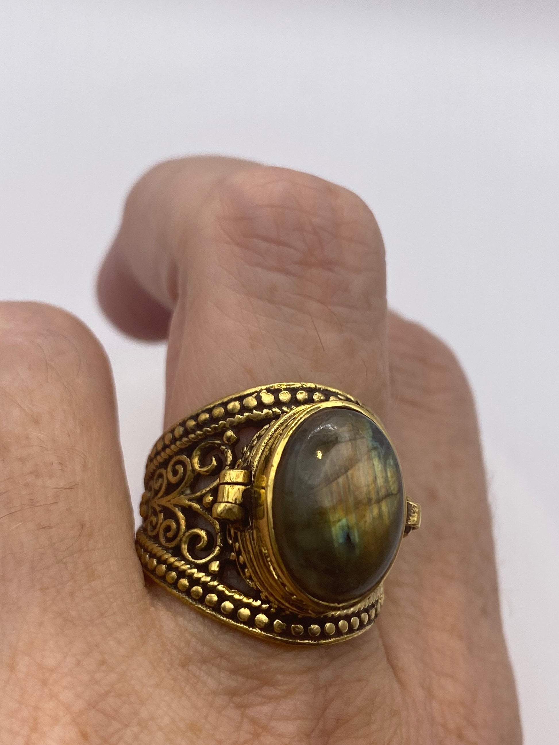 Vintage Labradorite Brass Poison Pillbox Ring