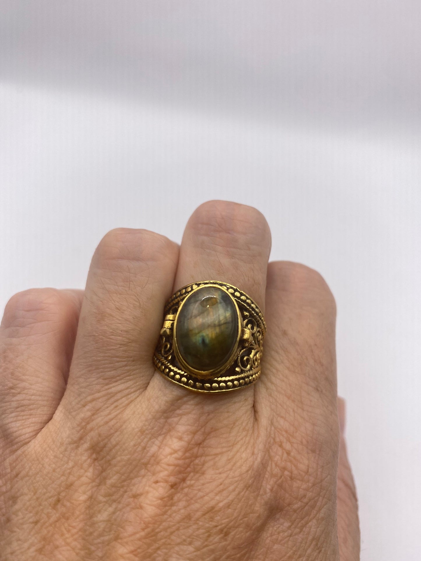 Vintage Labradorite Brass Poison Pillbox Ring