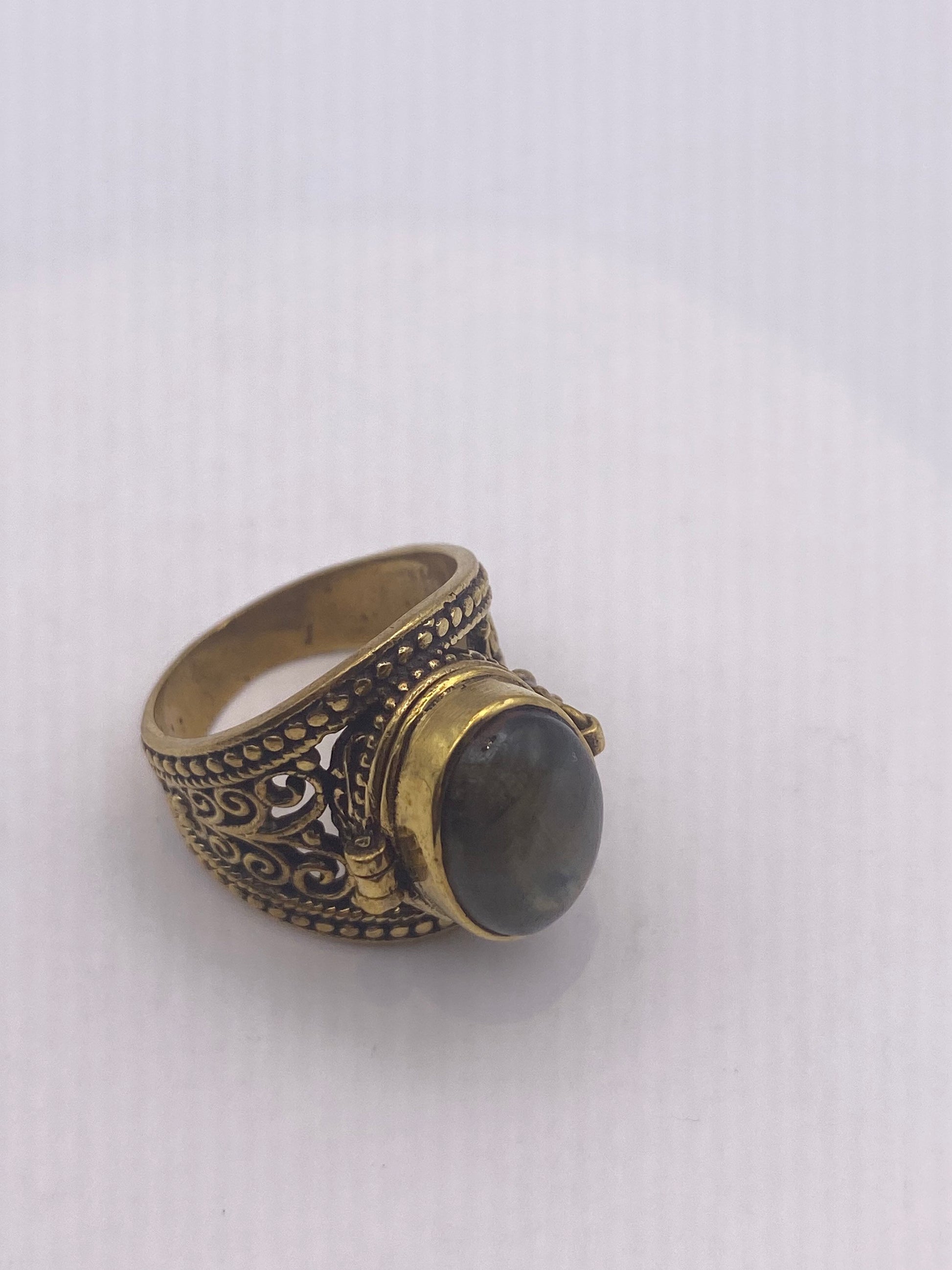 Vintage Labradorite Brass Poison Pillbox Ring