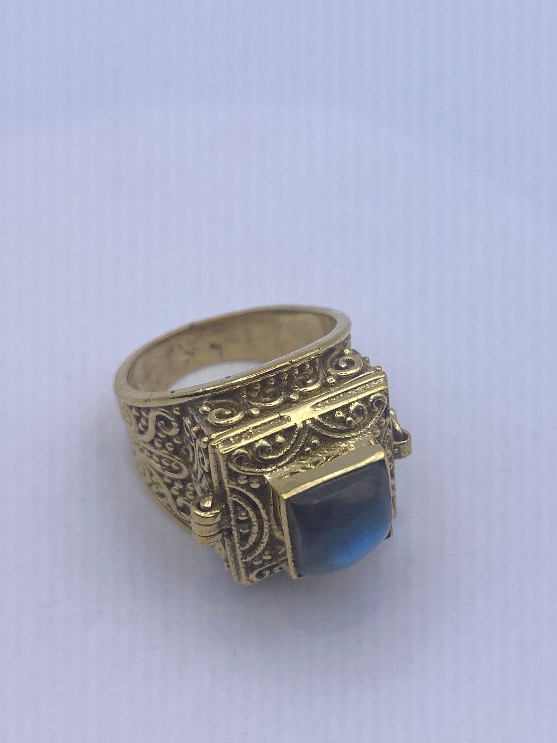 Vintage Labradorite Brass Poison Pillbox Ring