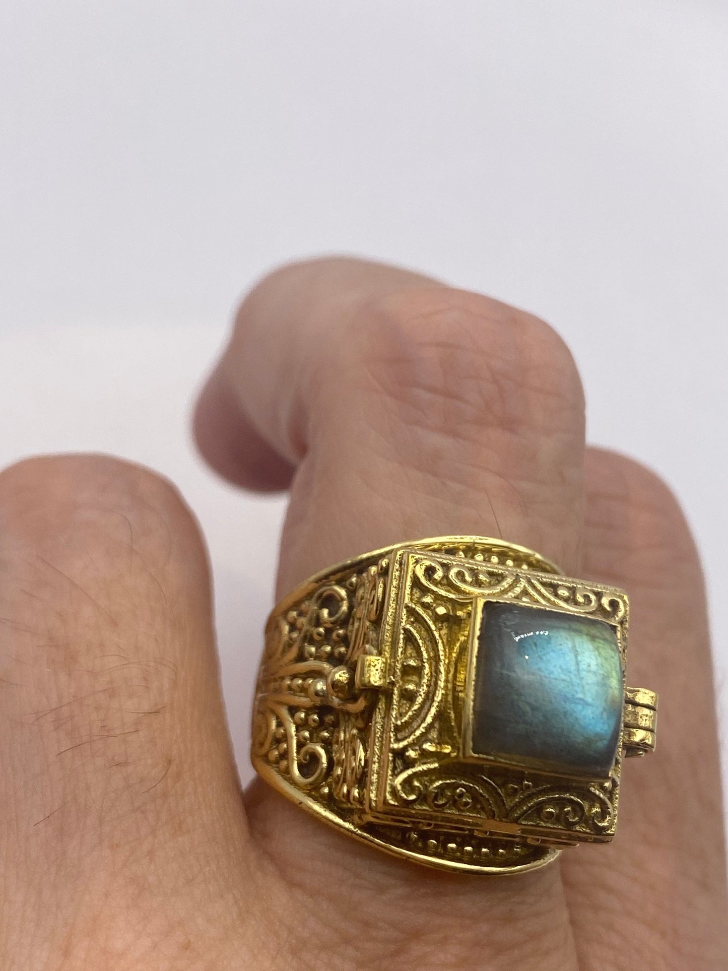 Vintage Labradorite Brass Poison Pillbox Ring