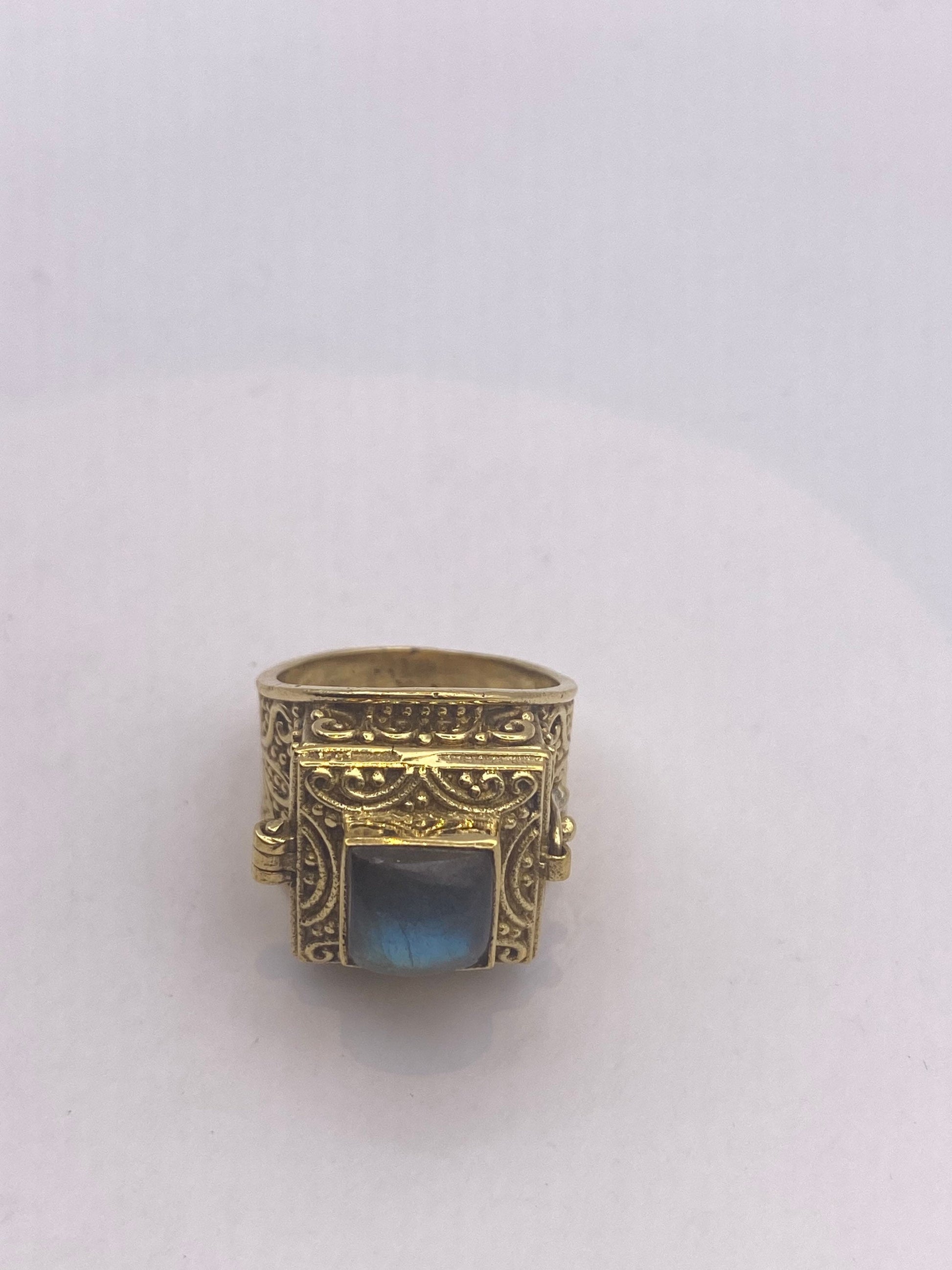 Vintage Labradorite Brass Poison Pillbox Ring