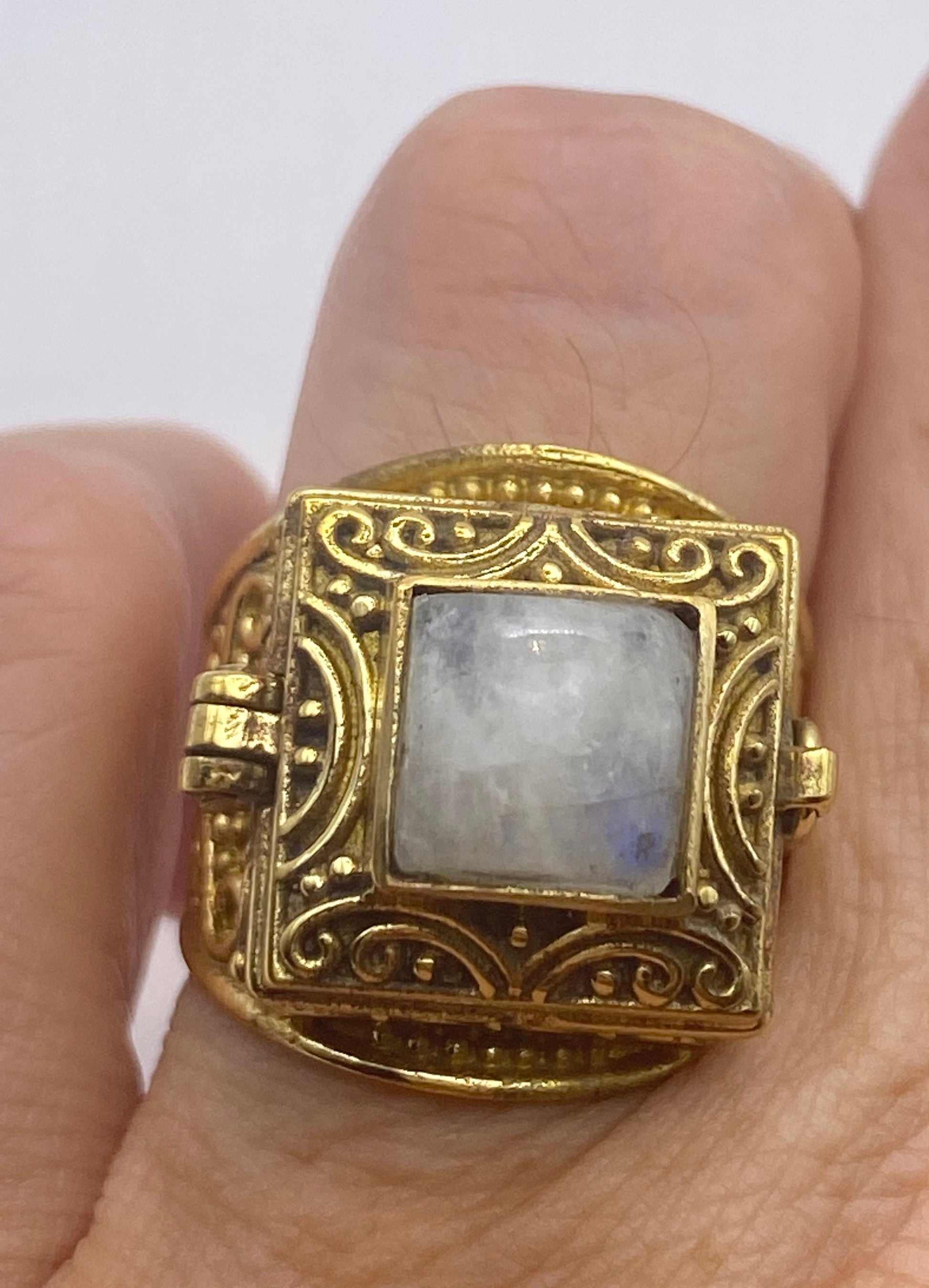 Vintage Rainbow Moonstone Brass Poison Pillbox Ring