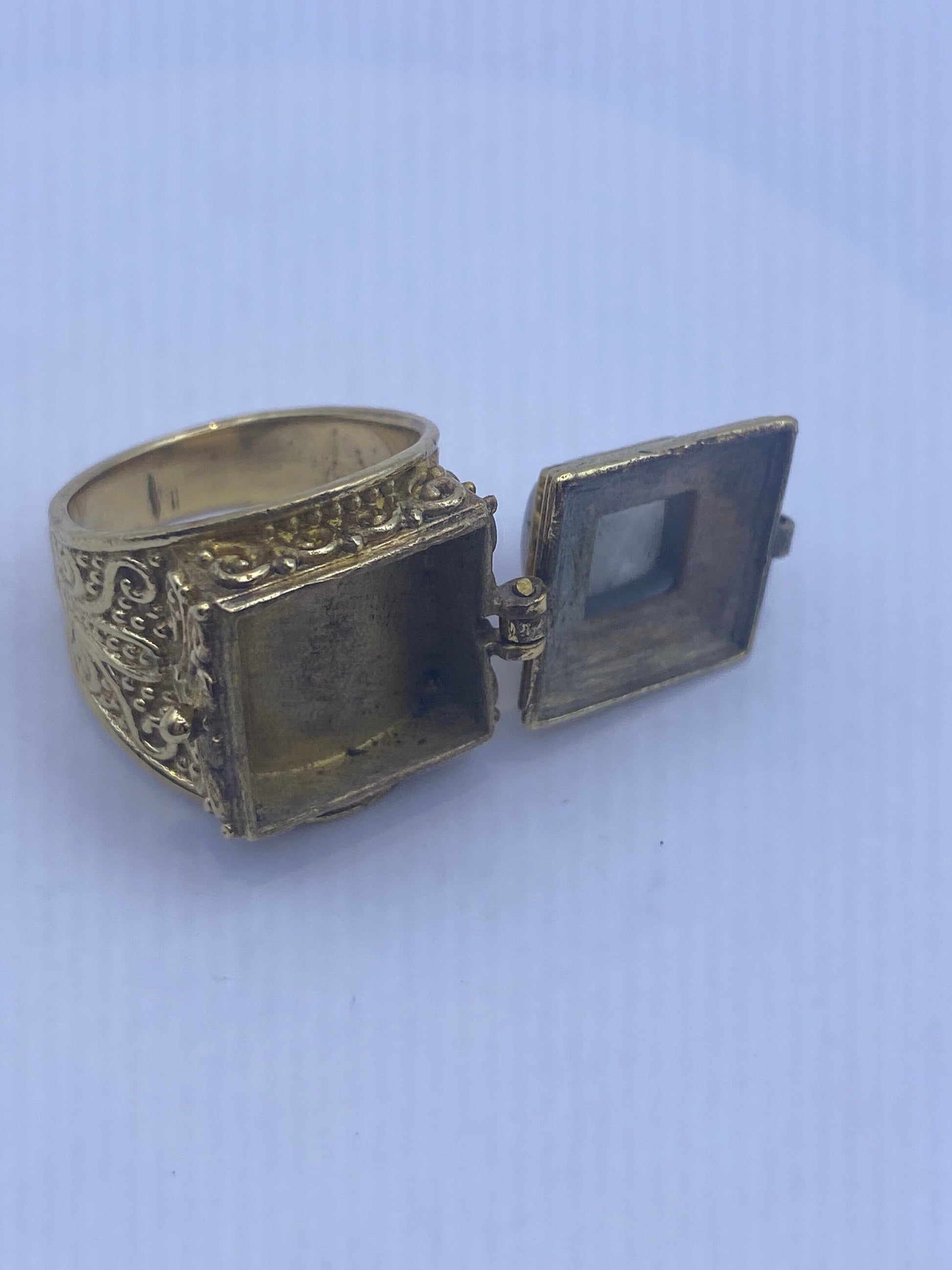 Vintage Rainbow Moonstone Brass Poison Pillbox Ring