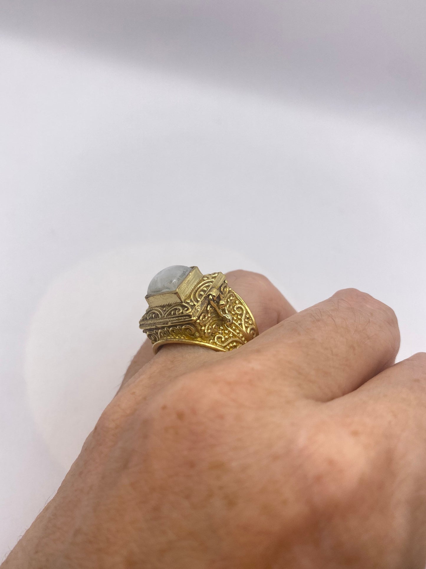 Vintage Rainbow Moonstone Brass Poison Pillbox Ring