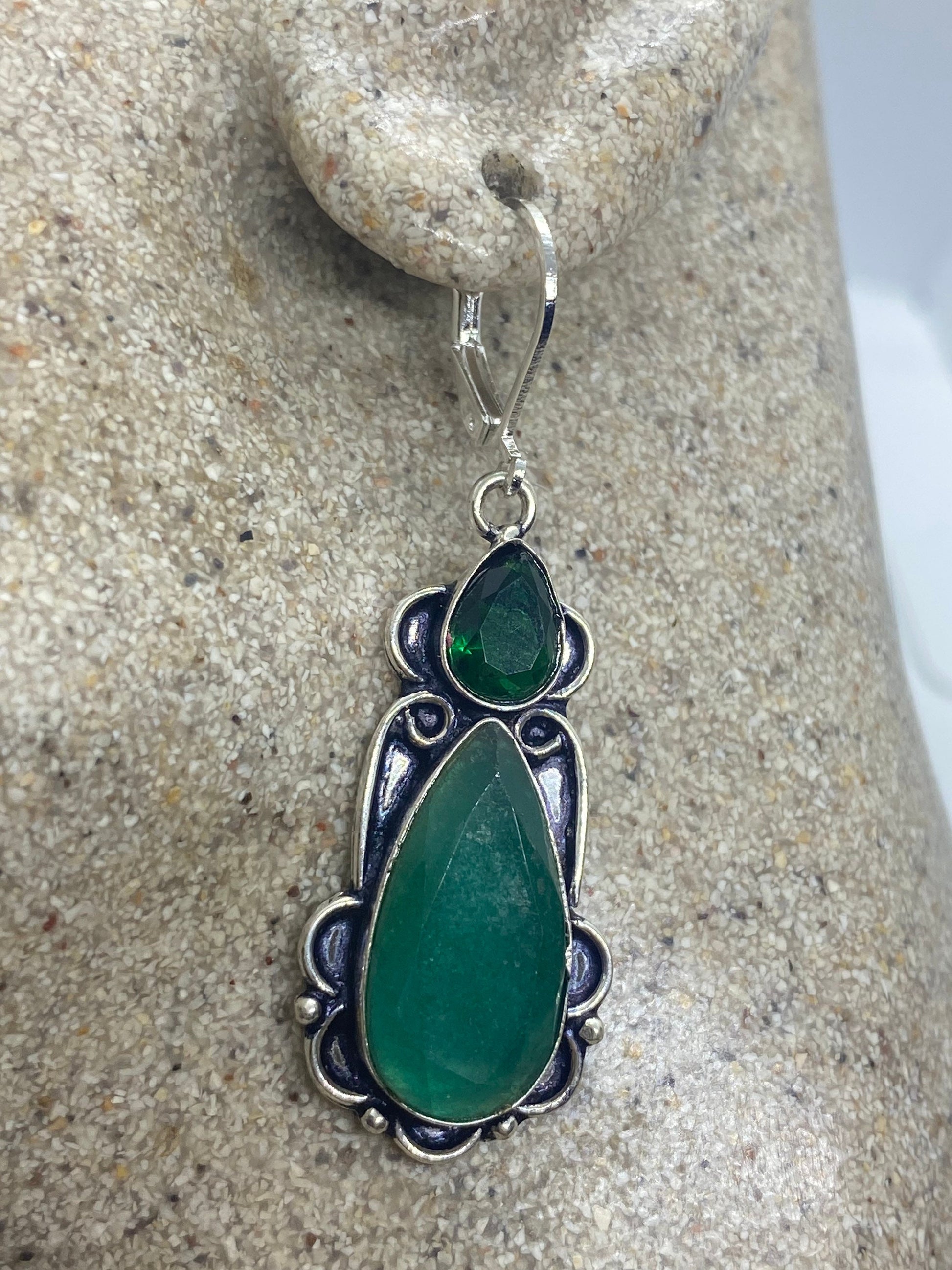 Vintage Genuine Raw Emerald Gemstone Filigree Sterling Silver Lever Back Dangle Earrings