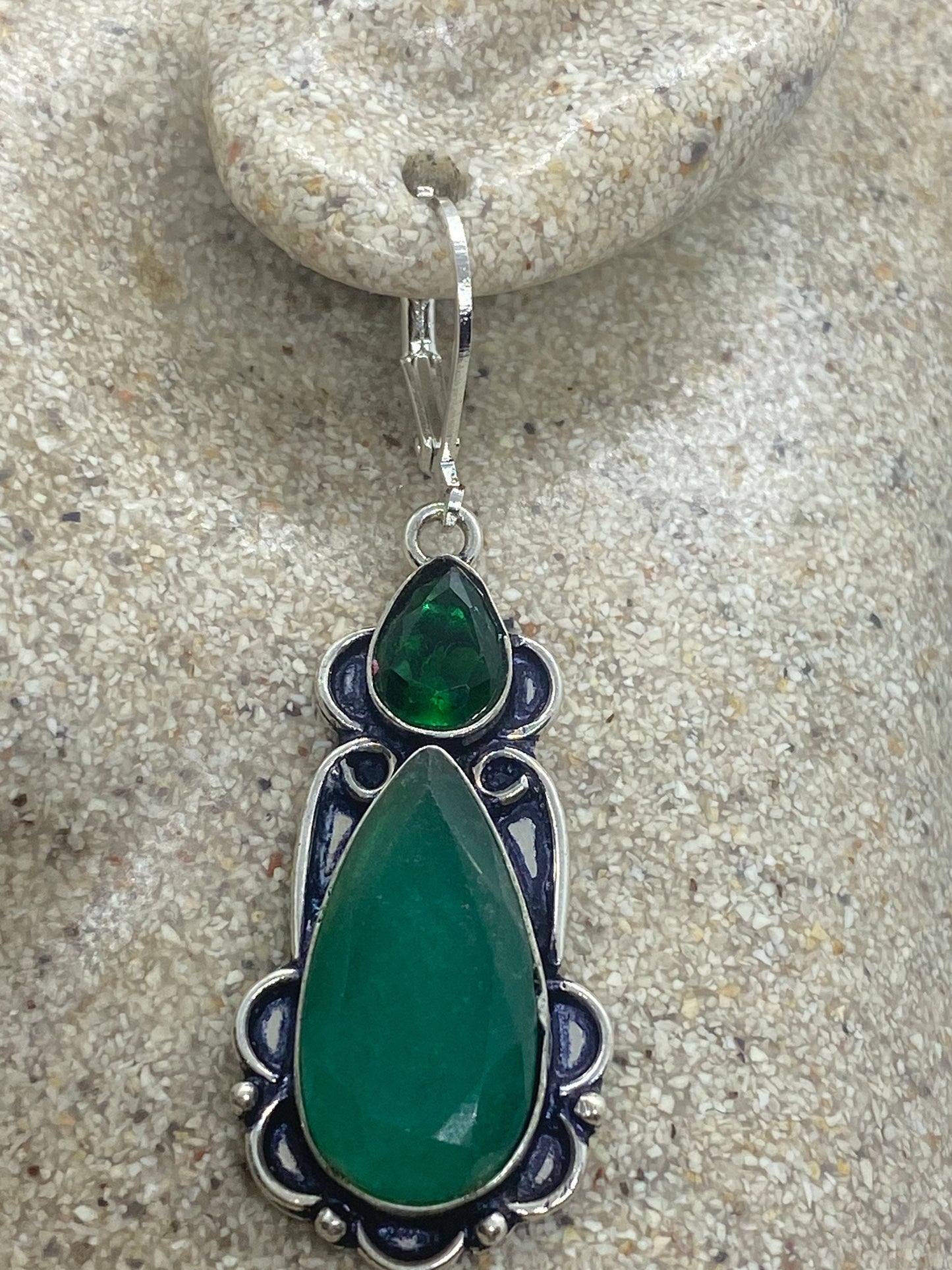 Vintage Genuine Raw Emerald Gemstone Filigree Sterling Silver Lever Back Dangle Earrings