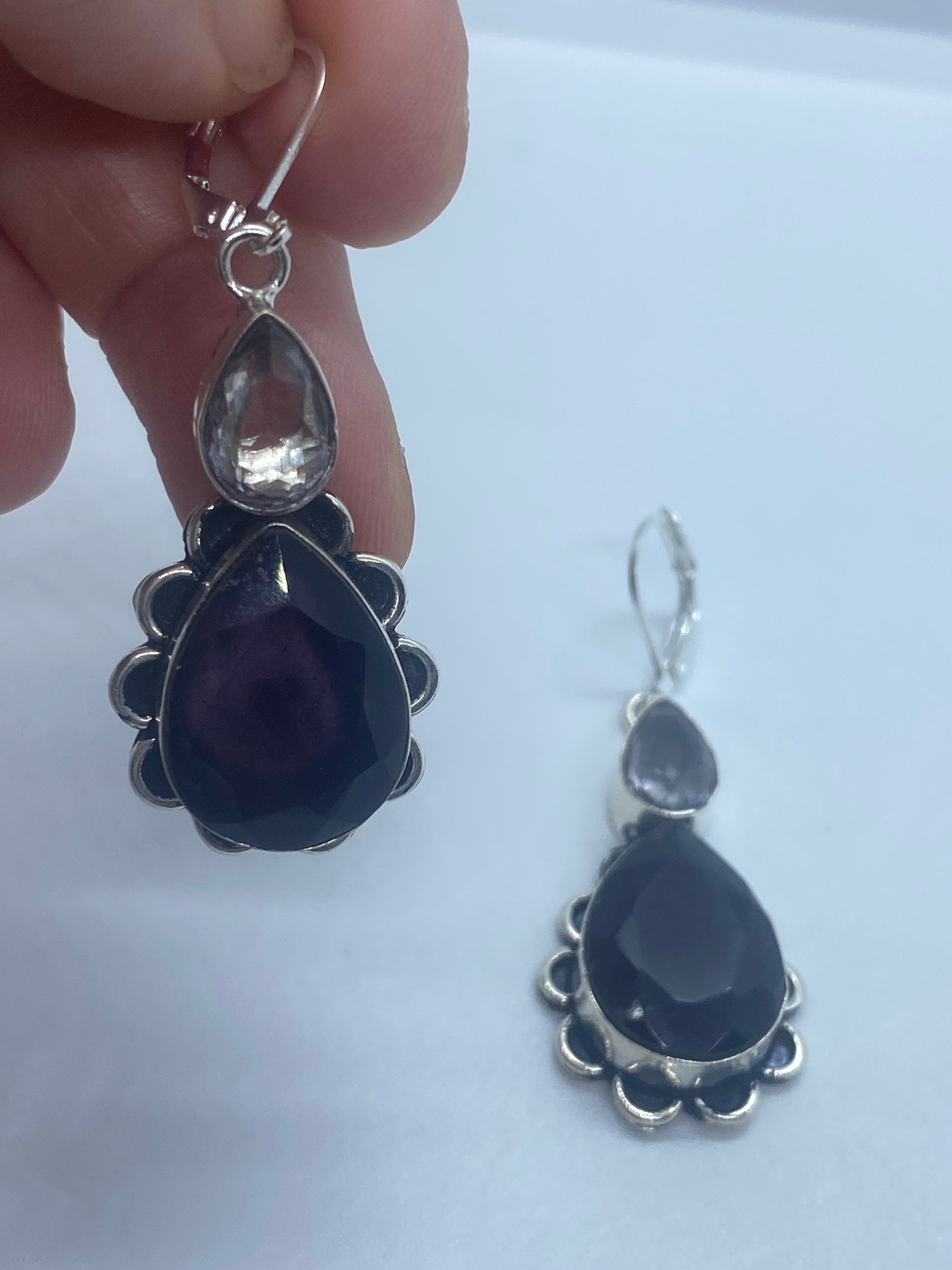 Vintage Amethyst Glass Earrings 925 Sterling Silver Lever-back