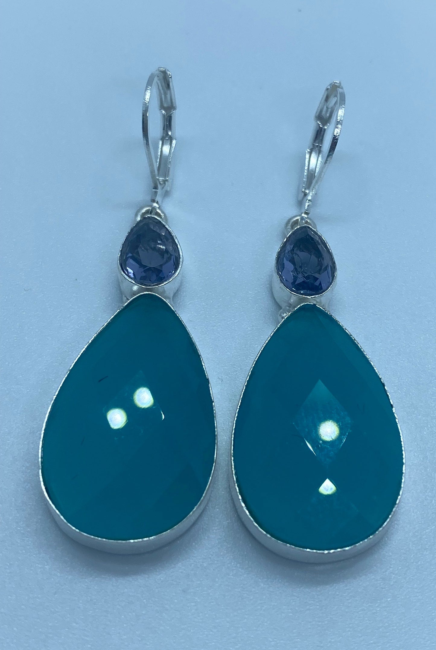 Vintage Blue Chalcedony Iolite Earrings Silver Dangle