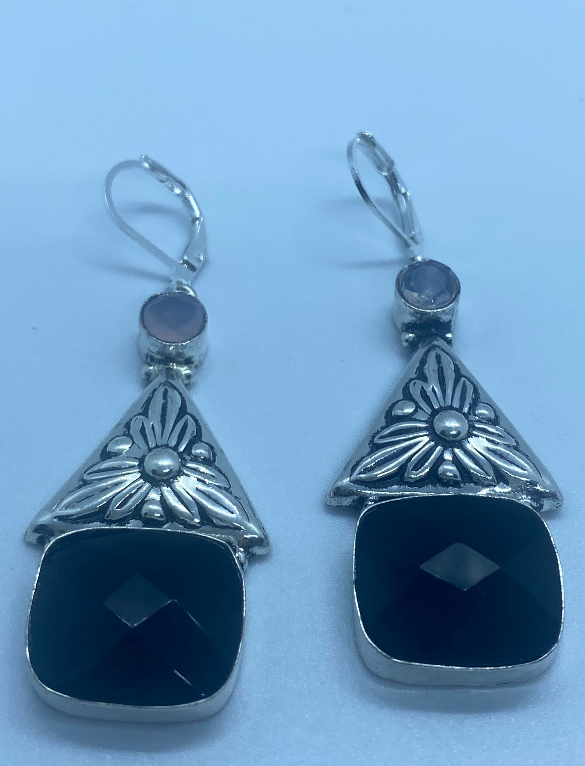 Vintage Genuine Black Onyx 925 Sterling Silver Deco Dangle Earrings