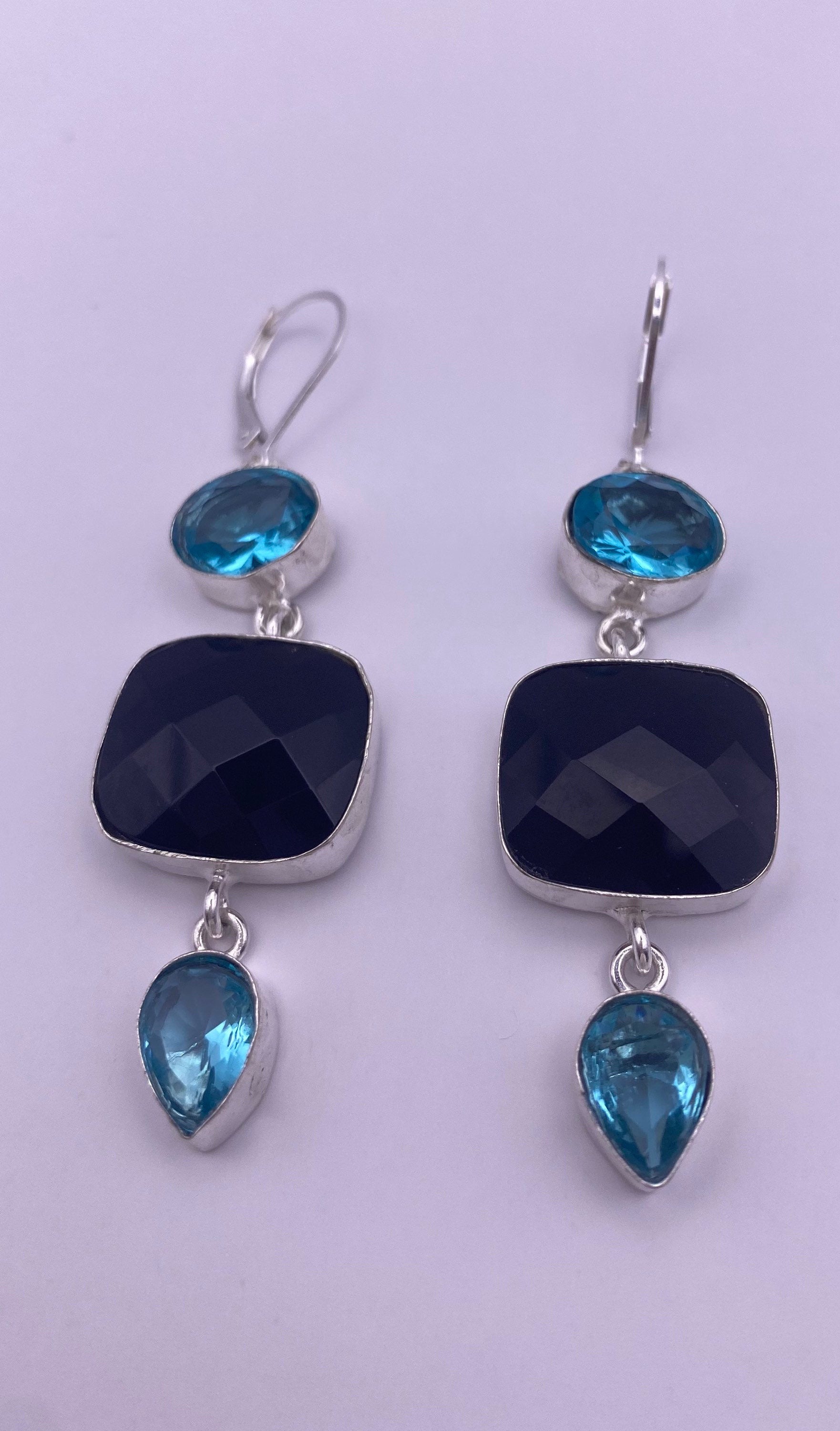 Vintage Genuine Black Onyx Blue Topaz 925 Sterling Silver Deco Dangle Earrings