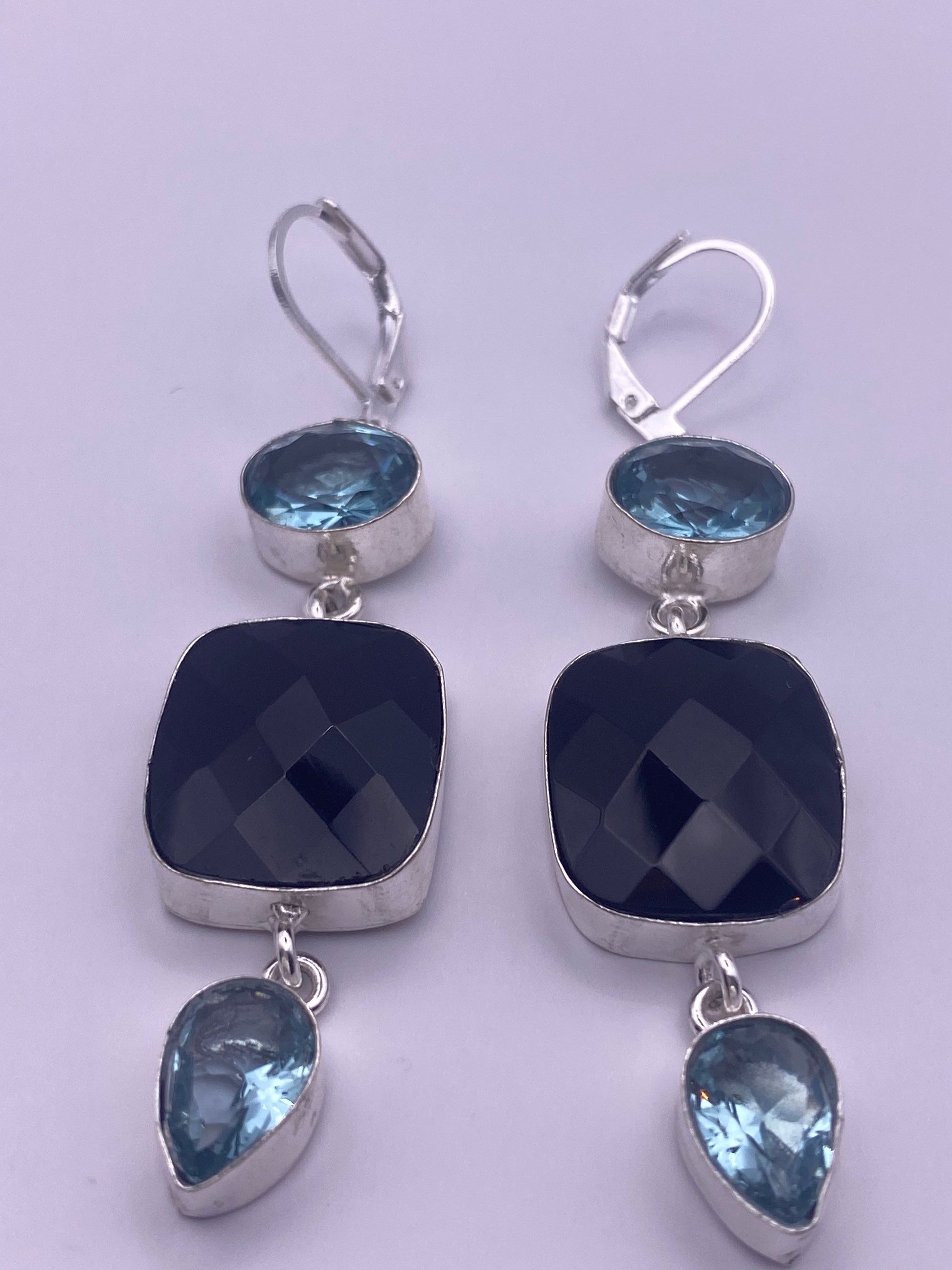 Vintage Genuine Black Onyx Blue Topaz 925 Sterling Silver Deco Dangle Earrings