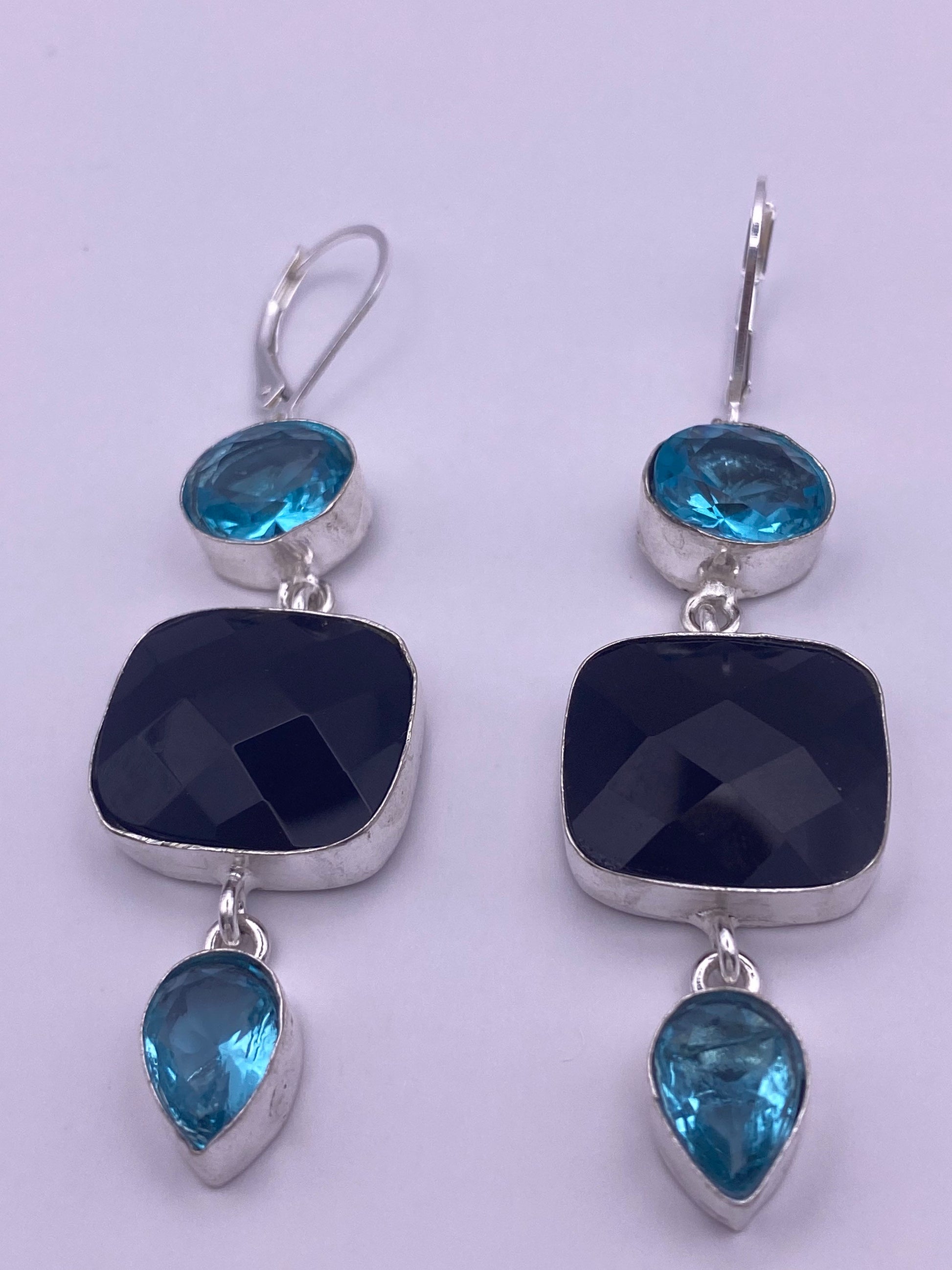 Vintage Genuine Black Onyx Blue Topaz 925 Sterling Silver Deco Dangle Earrings