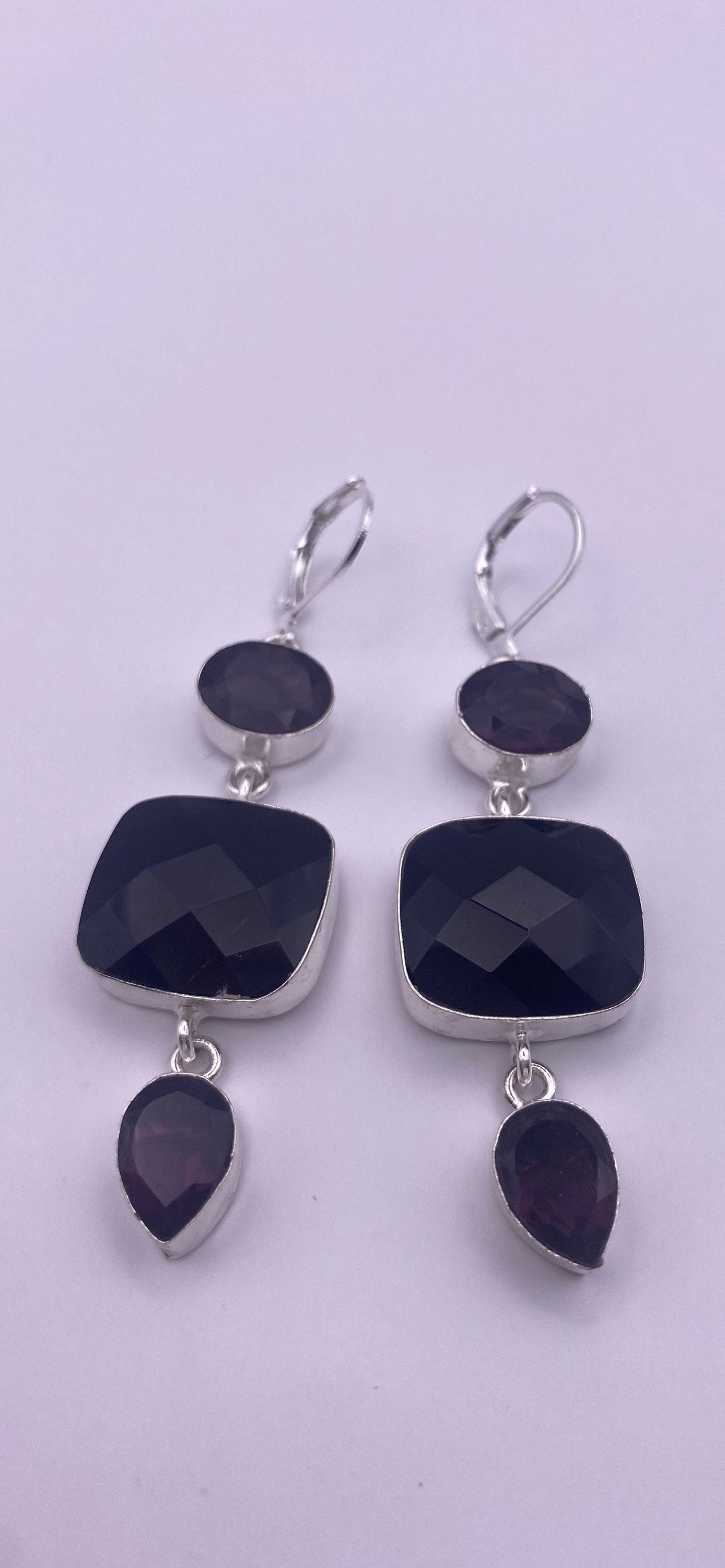 Vintage Black Onyx Amethyst Sterling Silver Deco Dangle Earrings