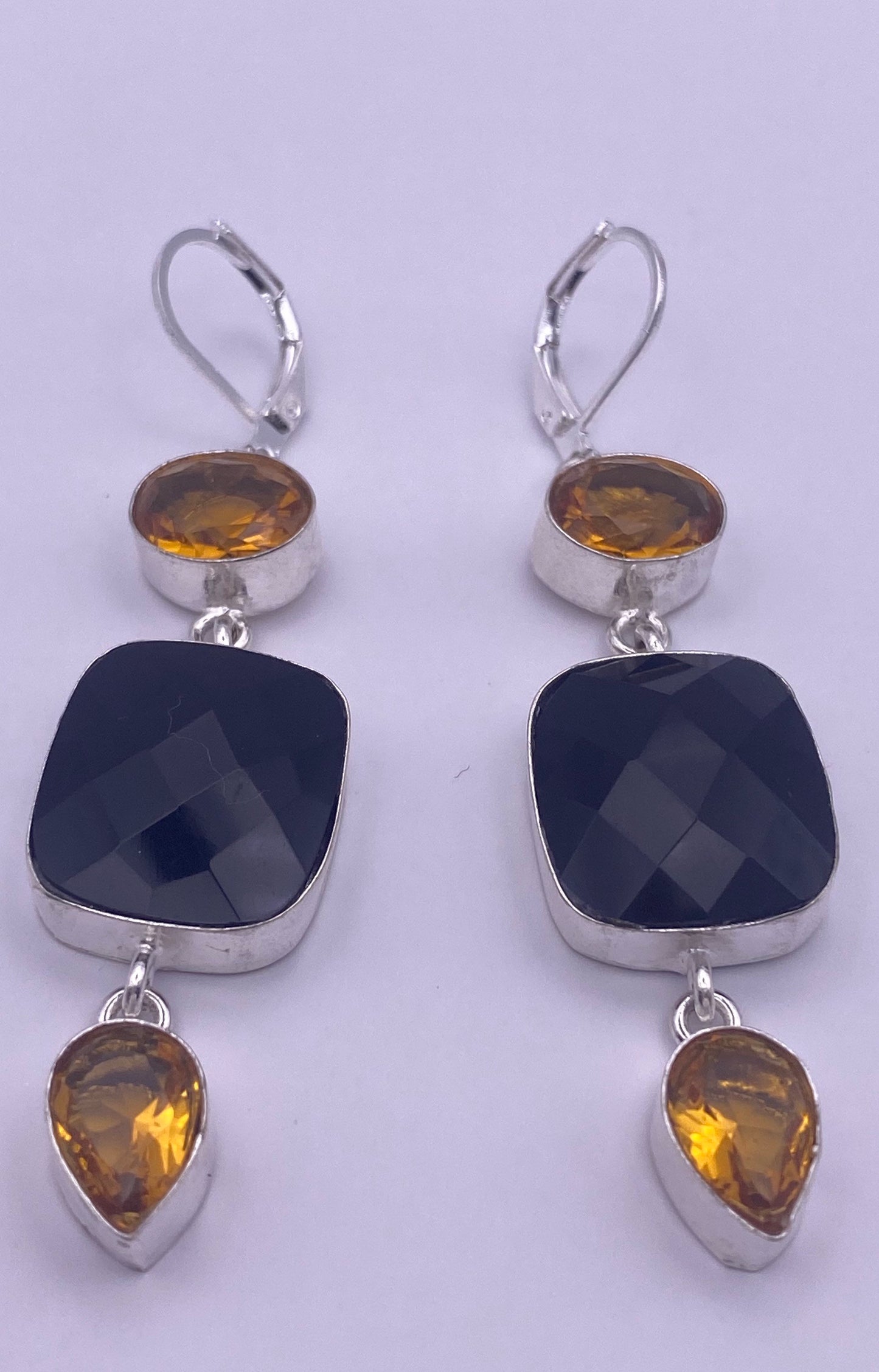 Vintage Black Onyx Citrine Sterling Silver Deco Dangle Earrings