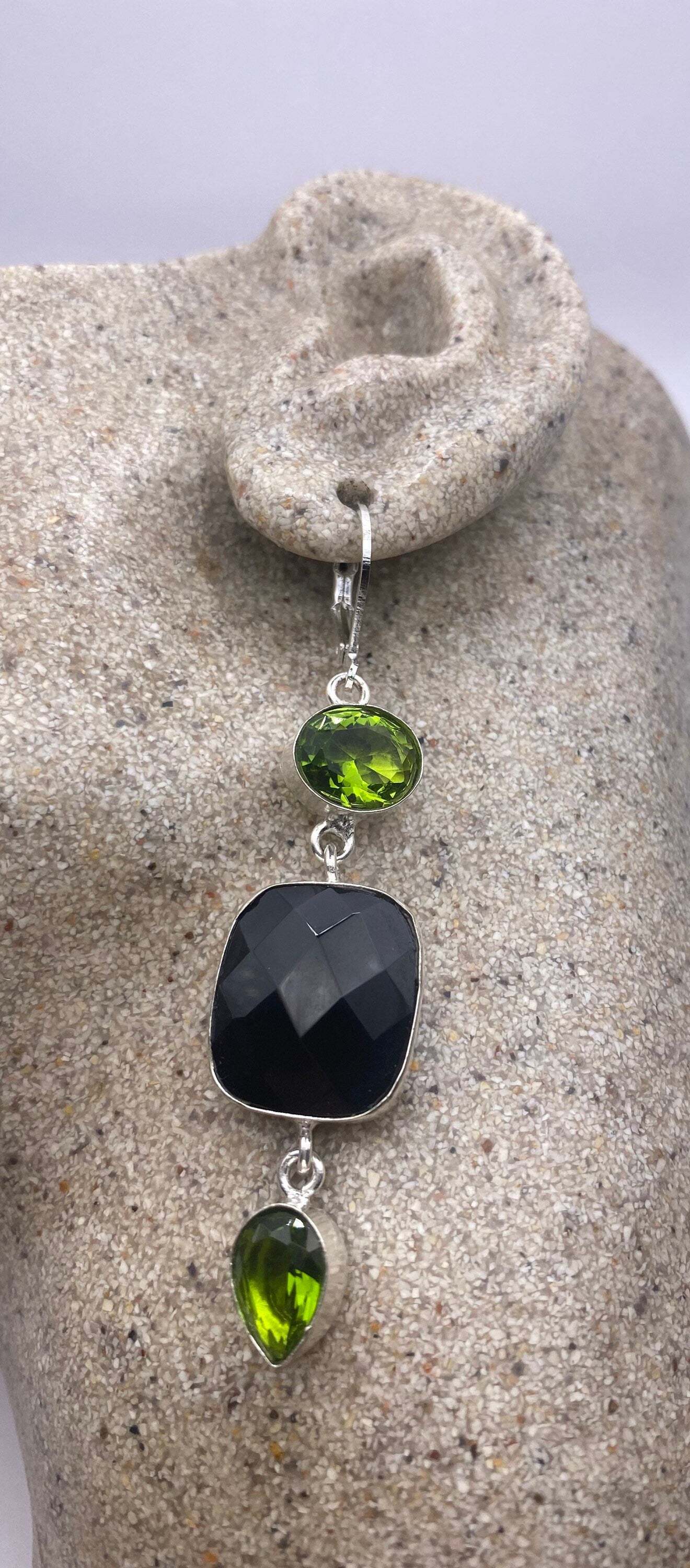 Vintage Black Onyx Peridot Sterling Silver Deco Dangle Earrings