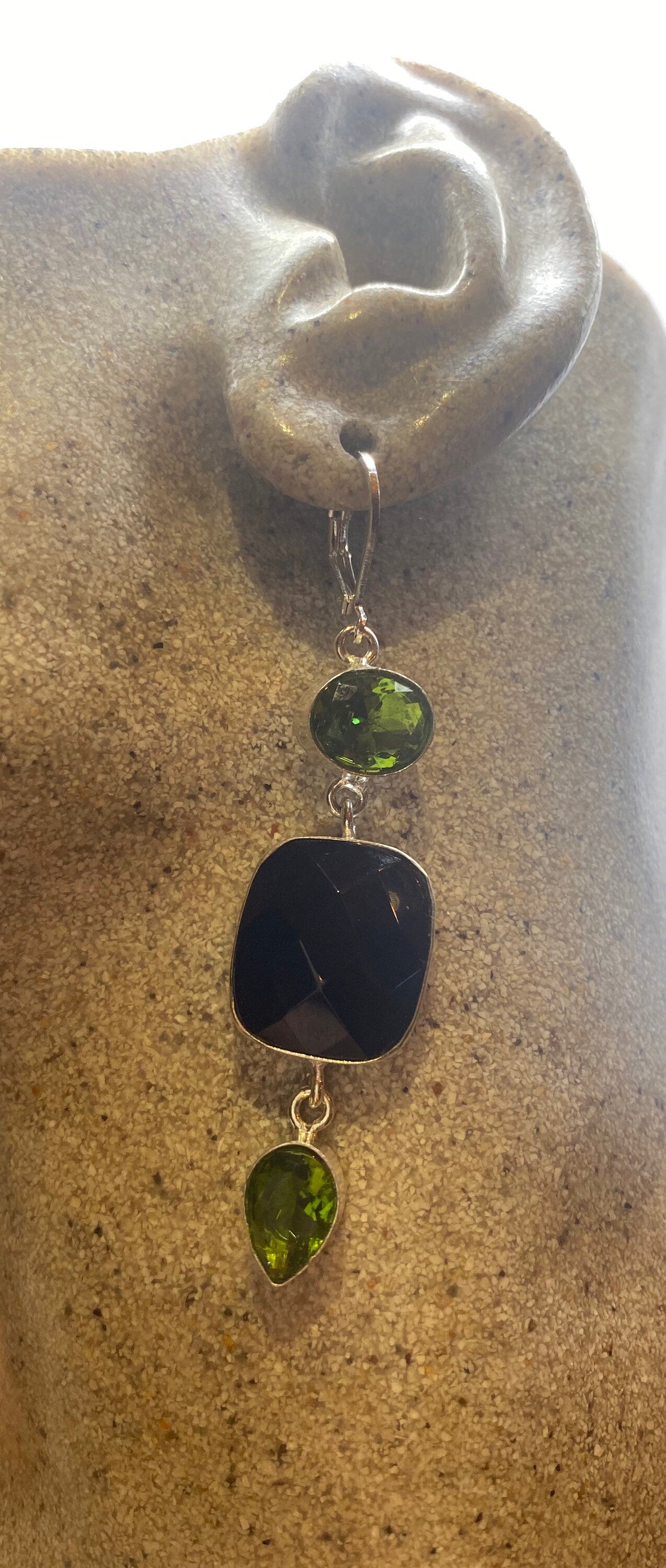 Vintage Black Onyx Peridot Sterling Silver Deco Dangle Earrings