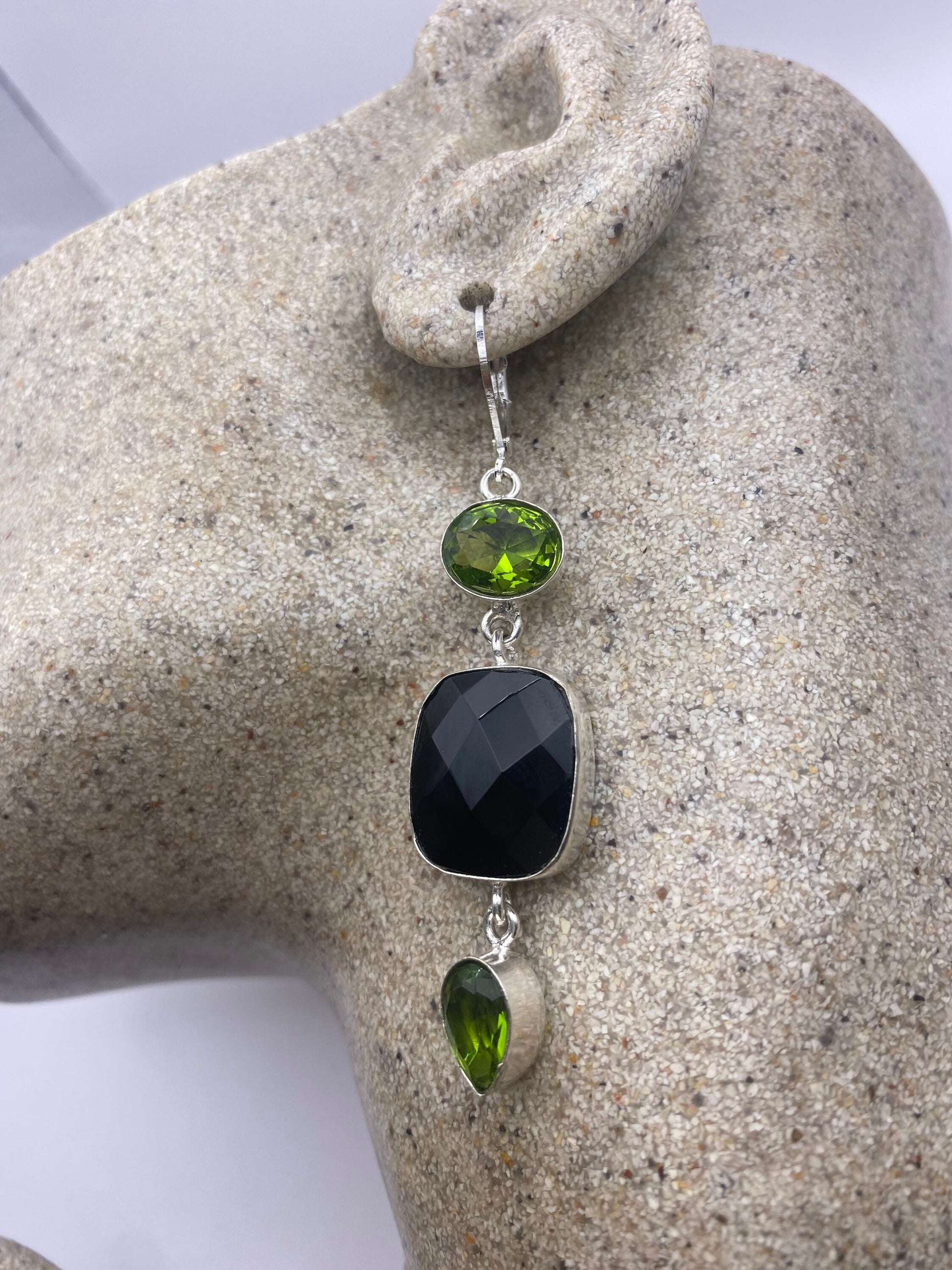 Vintage Black Onyx Peridot Sterling Silver Deco Dangle Earrings