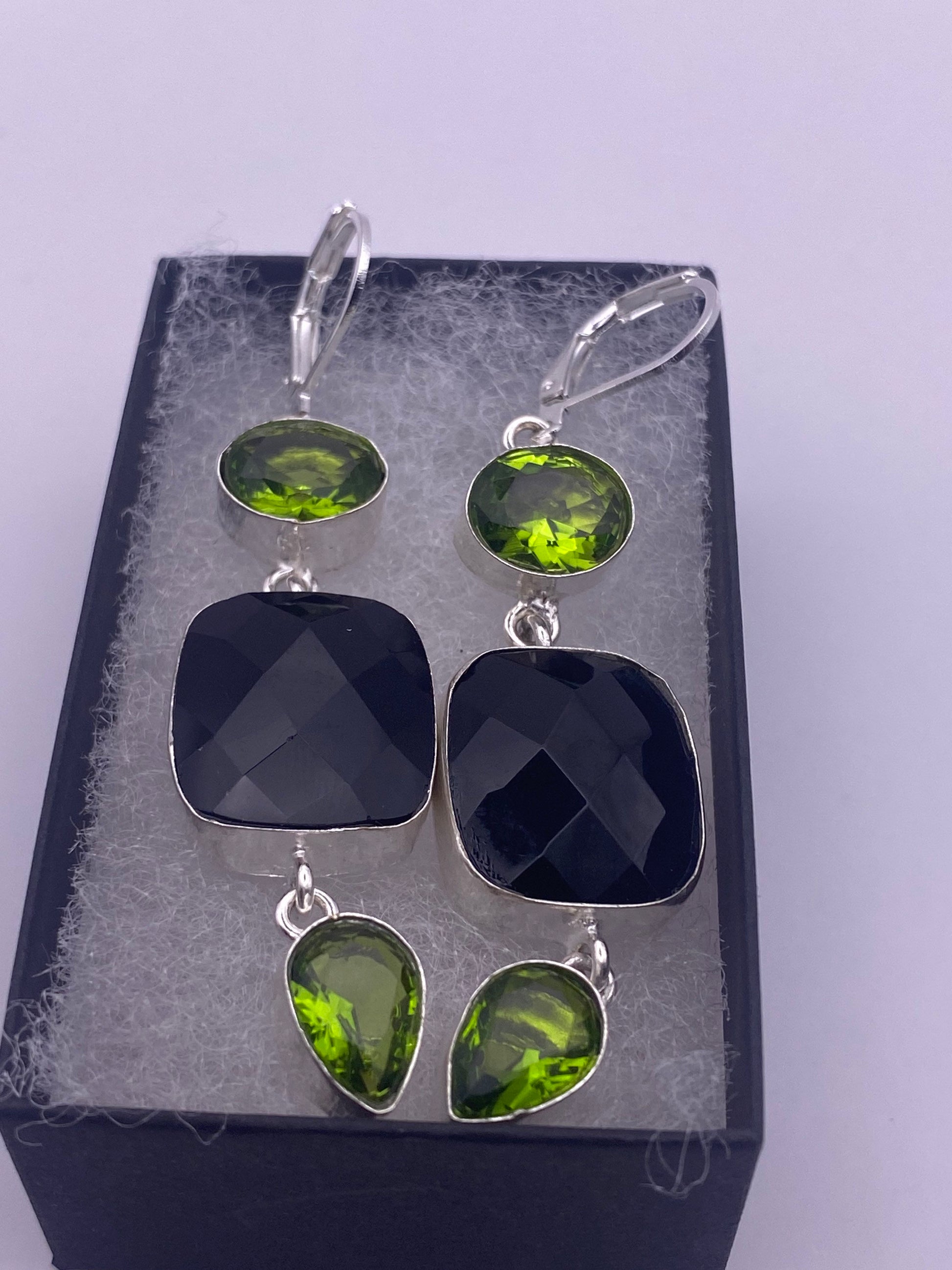 Vintage Black Onyx Peridot Sterling Silver Deco Dangle Earrings