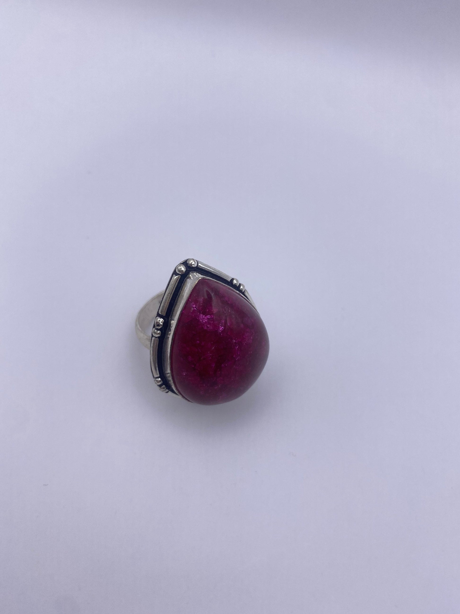 Vintage Pink crackle glass Silver Ring Size 8