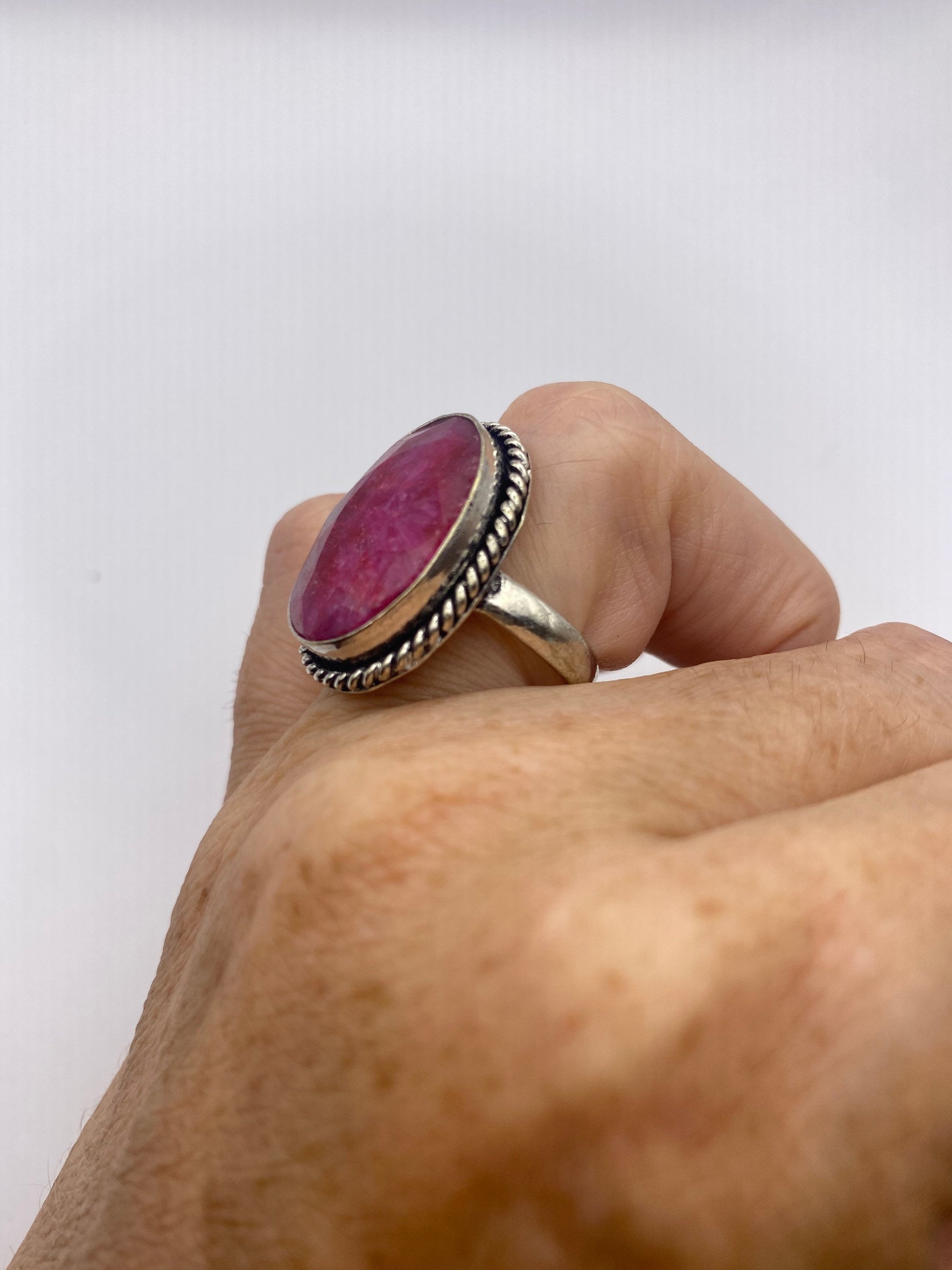 Vintage Raw Pink Ruby Deco Silver Cocktail Ring